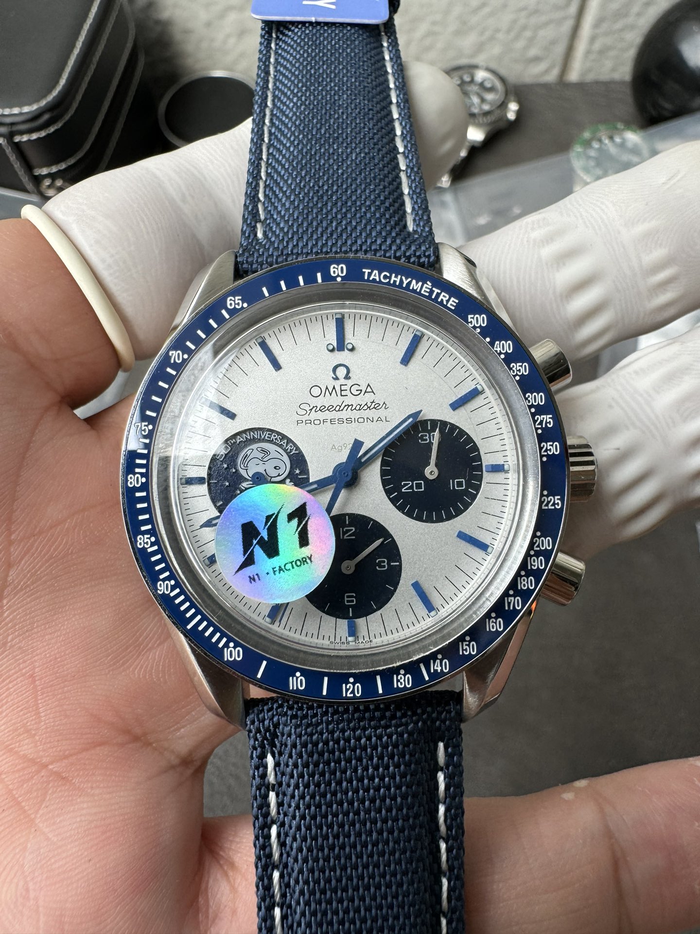 Super Clone 1:1 Omega Speedmaster Snoopy 50th Anniversary Silver Dial – Blue Strap