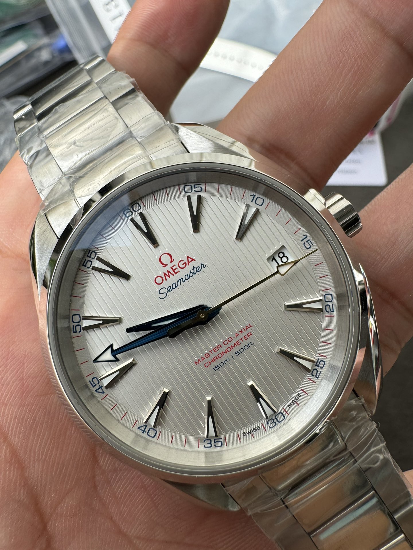 Super Clone 1:1 Omega Seamaster Aqua Terra Co-Axial Master Chronometer – Silver Dial / Blue Hands / 150M