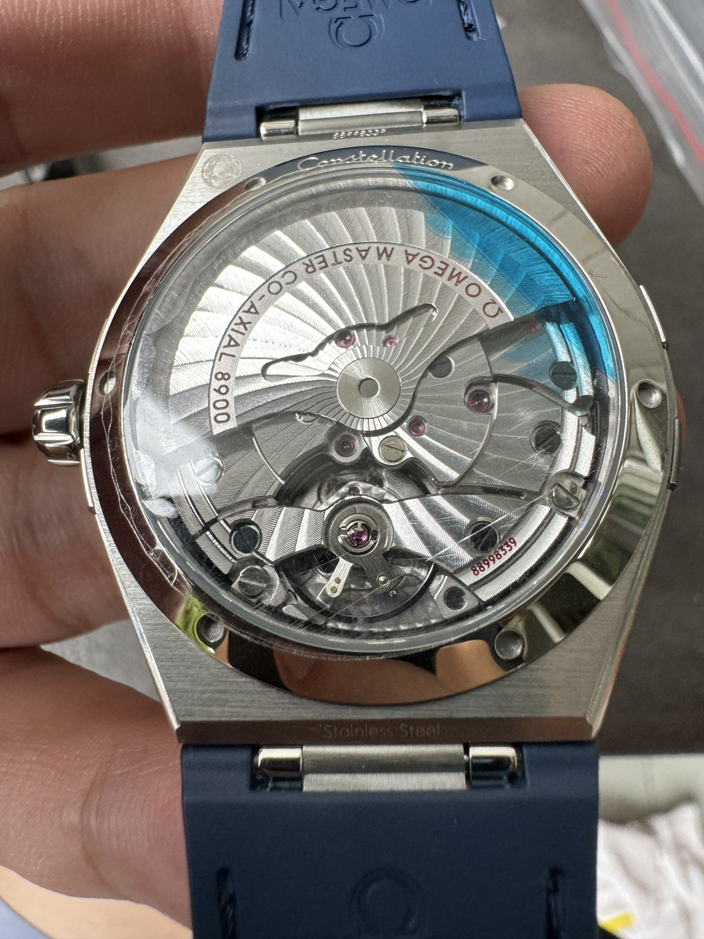 Super Clone 1:1 Omega Constellation Co-Axial Master Chronometer – White Dial Blue Roman Bezel Leather Strap