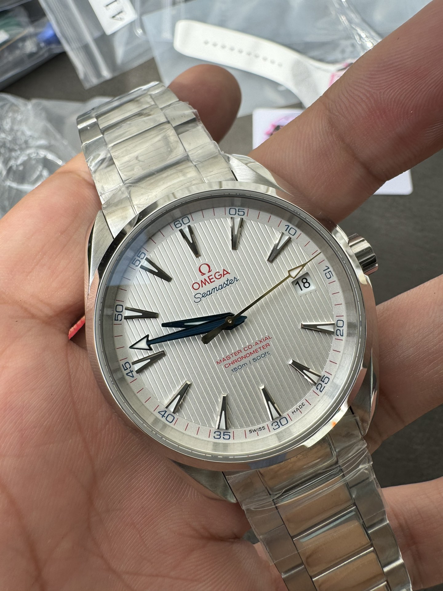 Super Clone 1:1 Omega Seamaster Aqua Terra Co-Axial Master Chronometer – Silver Dial / Blue Hands / 150M