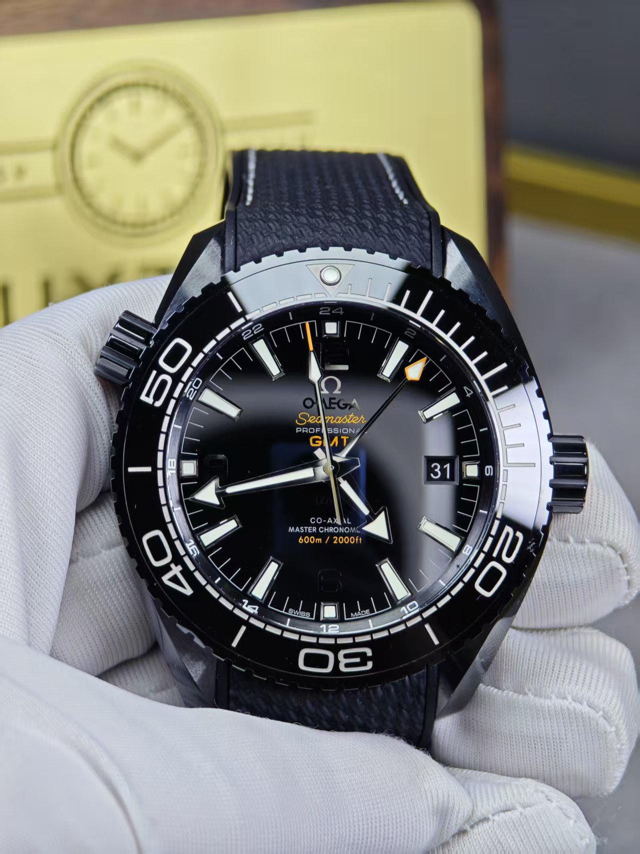 Super Clone 1:1 Omega Seamaster Planet Ocean GMT “Deep Black” Ceramic – 600M Diver / Dual Time / Rubber Strap