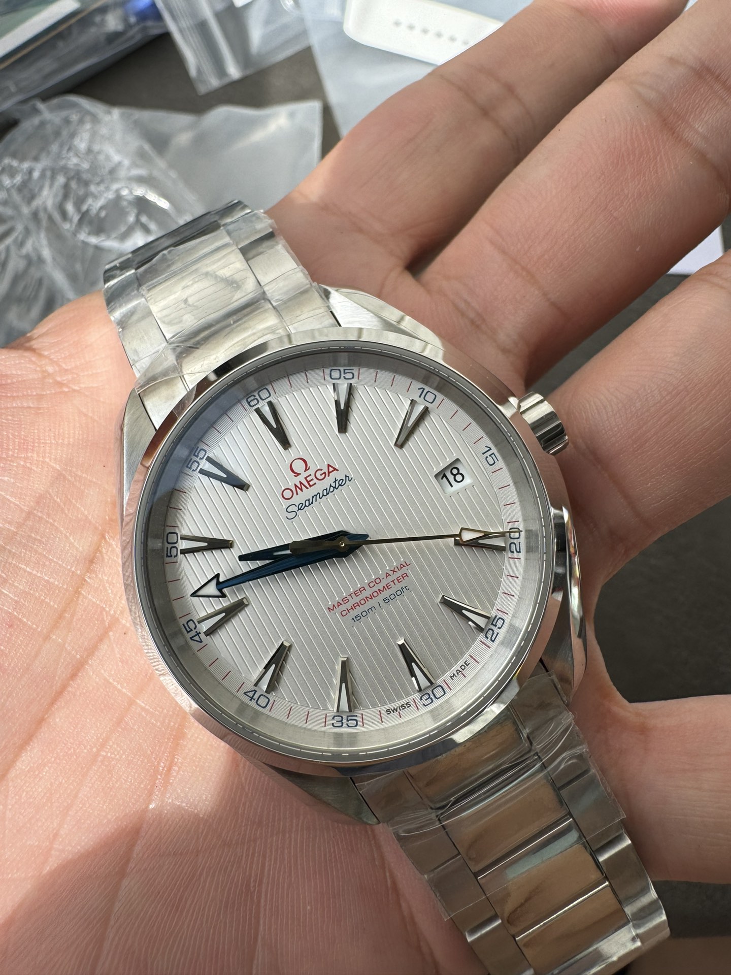 Super Clone 1:1 Omega Seamaster Aqua Terra Co-Axial Master Chronometer – Silver Dial / Blue Hands / 150M
