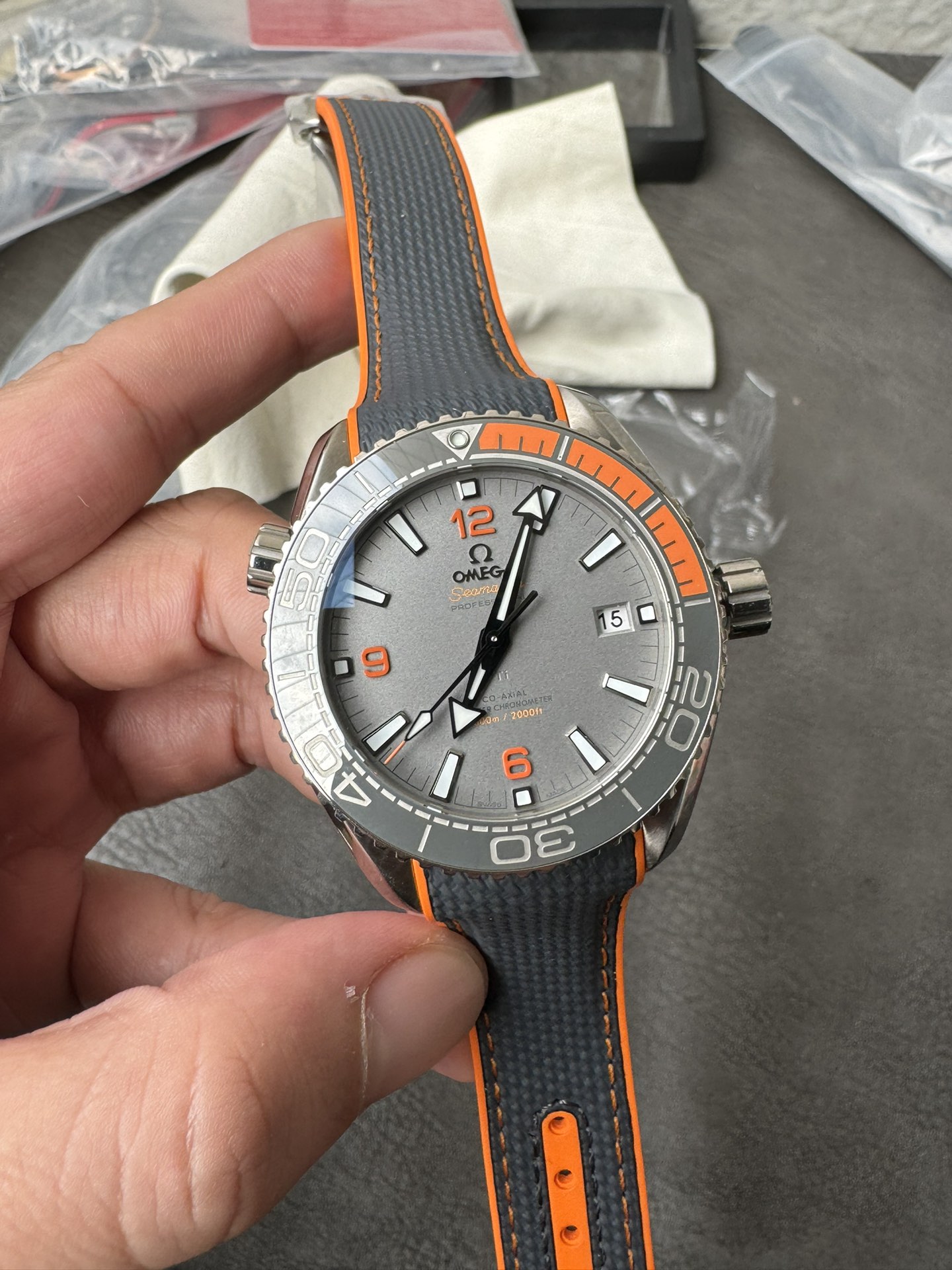 Super Clone 1:1 Omega Seamaster Planet Ocean 600M Titanium Grey Dial Orange Bezel Rubber Strap