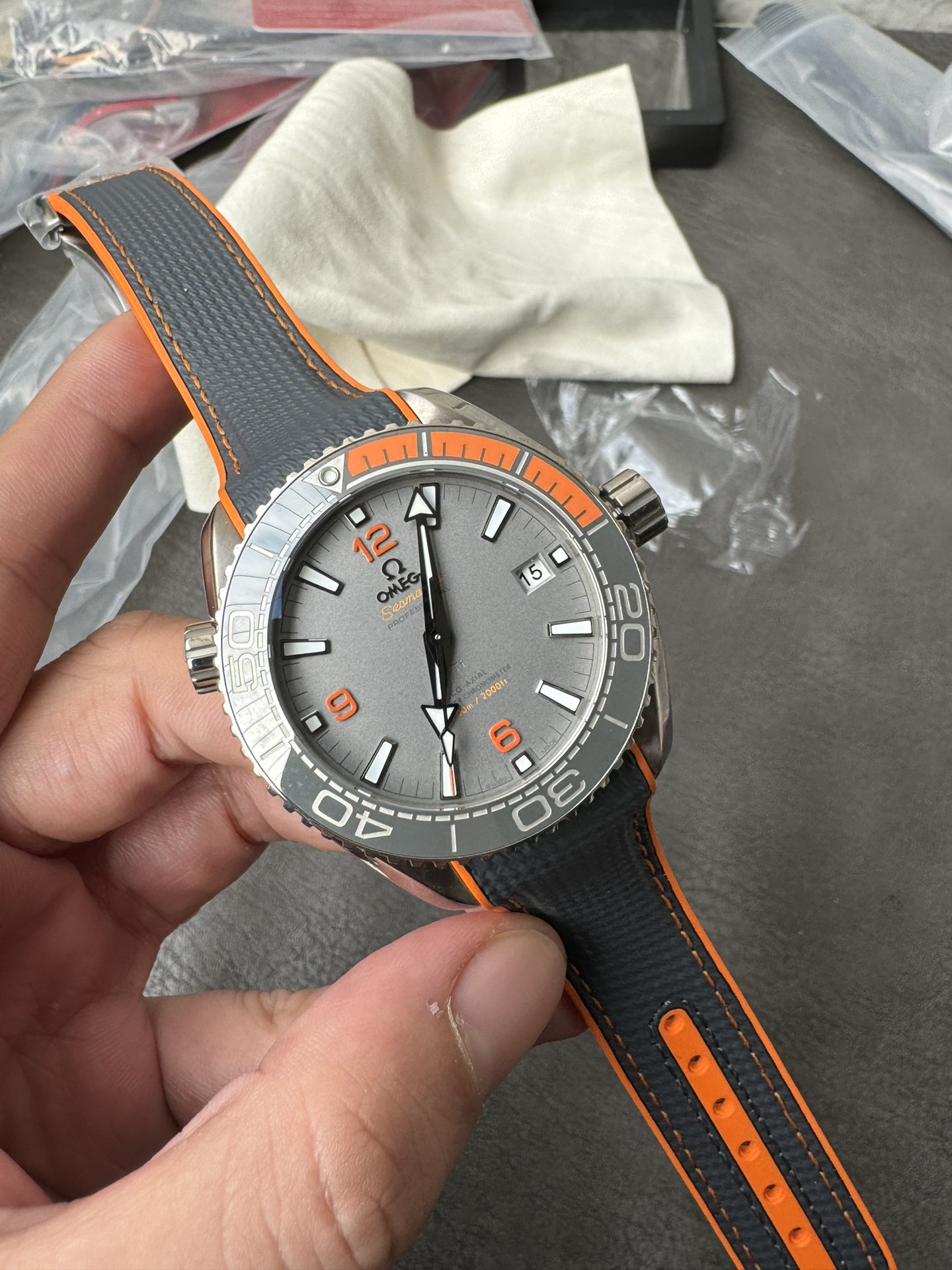 Super Clone 1:1 Omega Seamaster Planet Ocean 600M Titanium Grey Dial Orange Bezel Rubber Strap