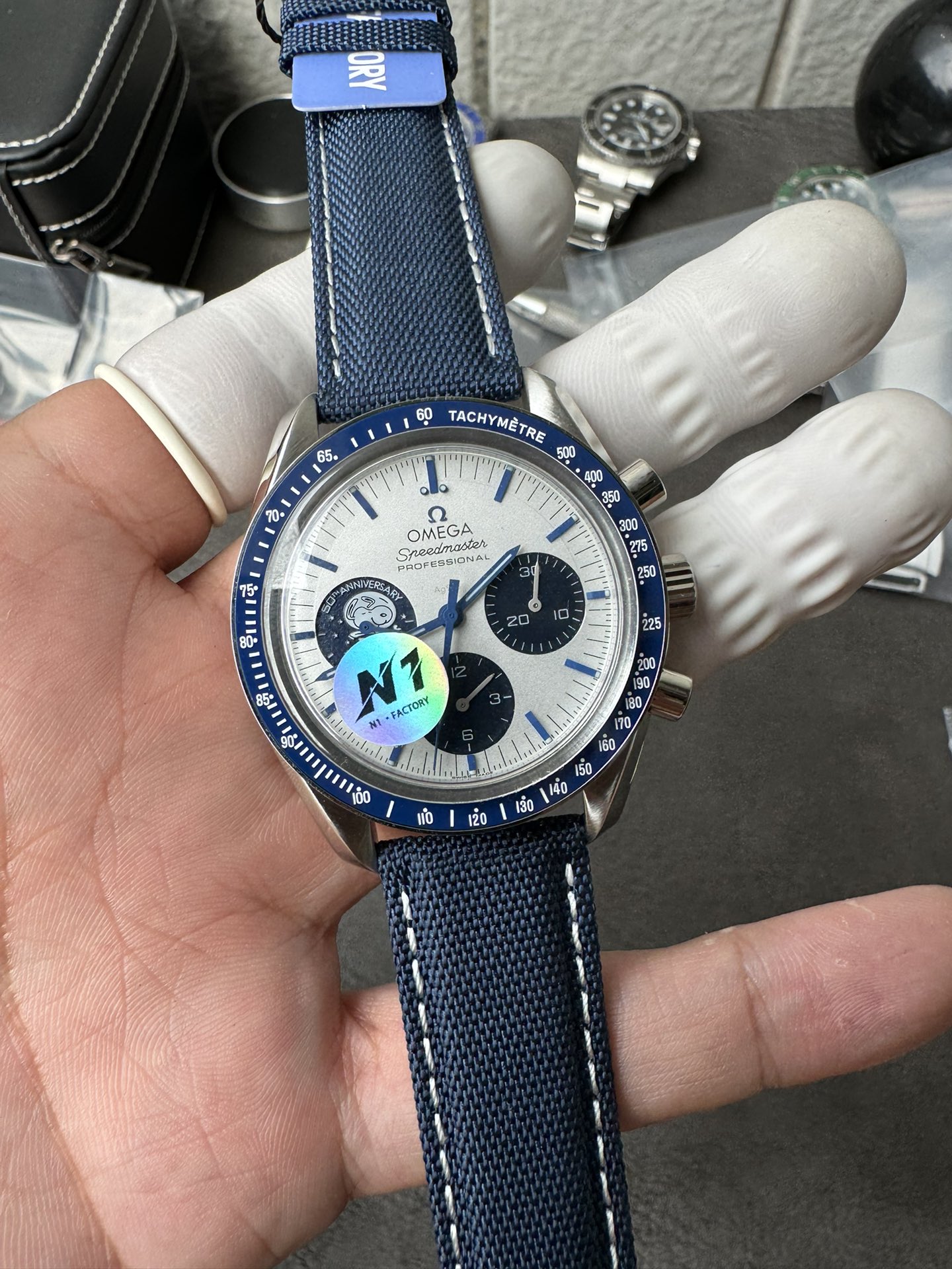 Super Clone 1:1 Omega Speedmaster Snoopy 50th Anniversary Silver Dial – Blue Strap