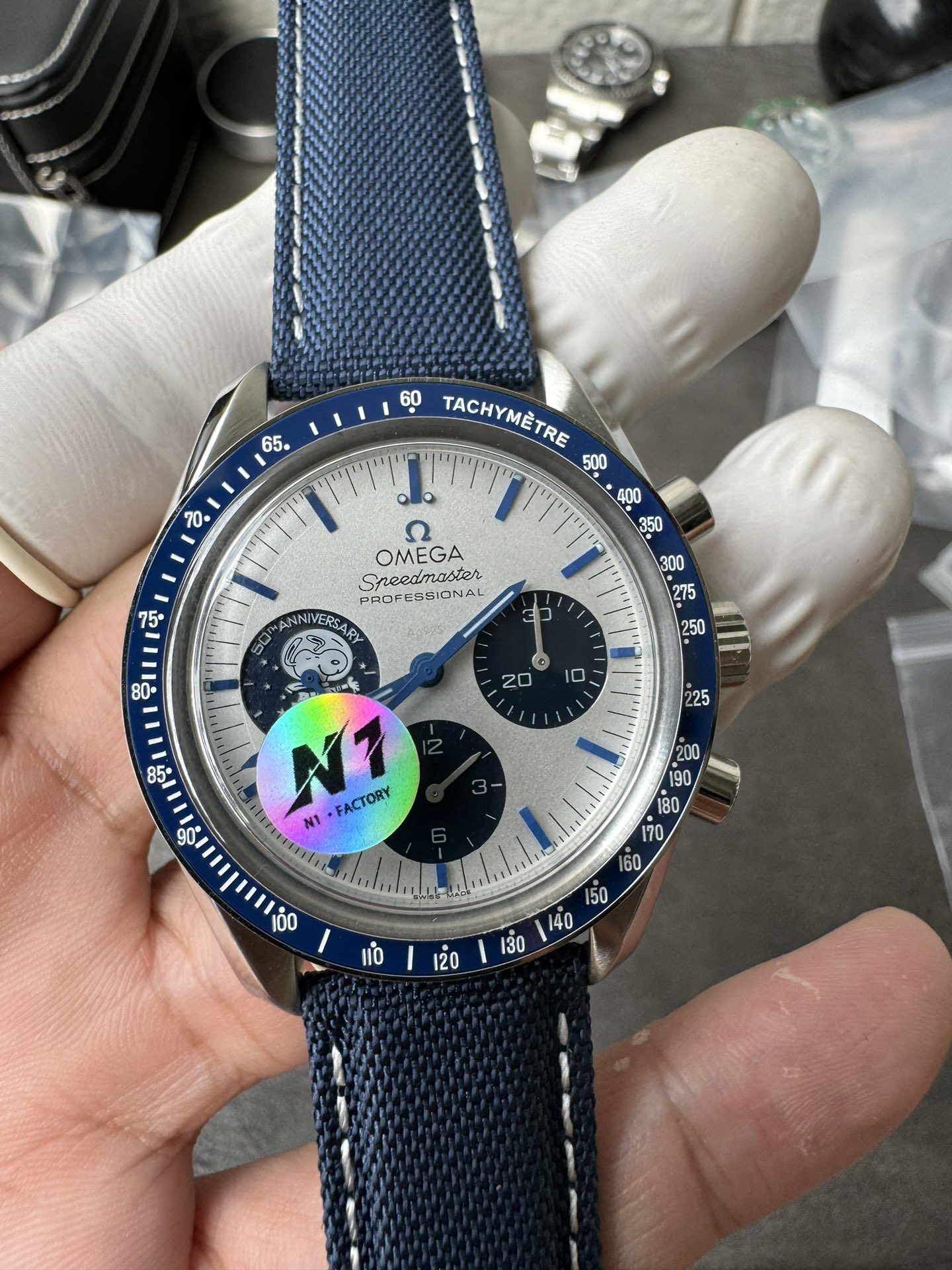 Super Clone 1:1 Omega Speedmaster Snoopy 50th Anniversary Silver Dial – Blue Strap