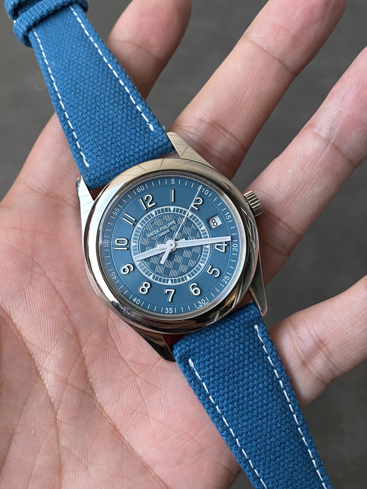 Super Clone 1:1 Patek Philippe Calatrava 6007A – Blue Dial / Textured Center / Canvas Strap