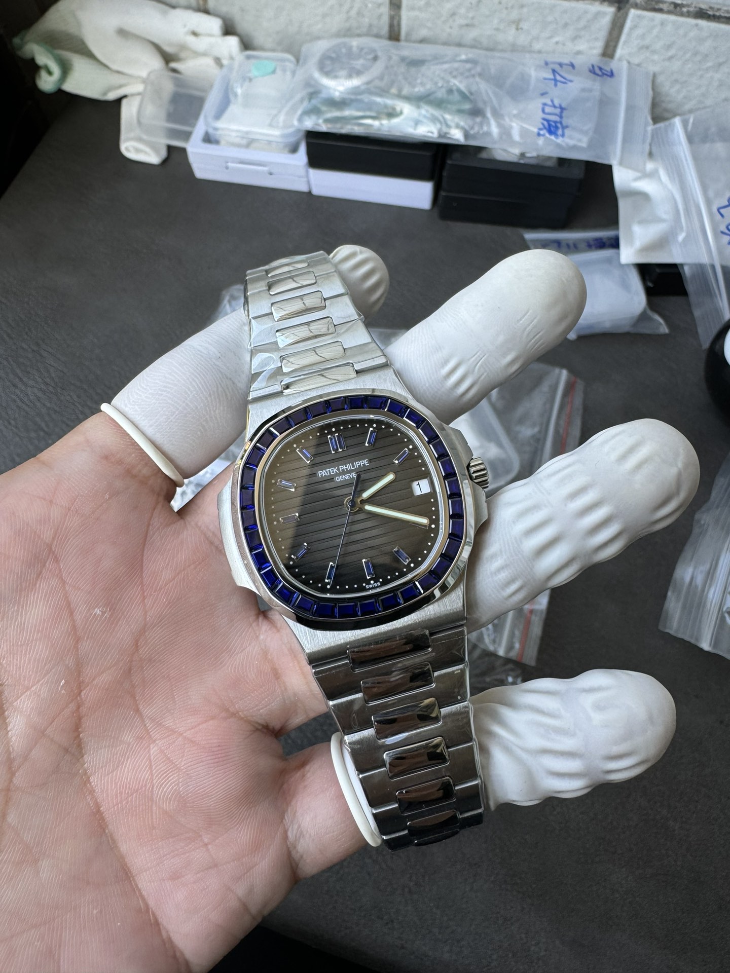 Super Clone 1:1 Patek Philippe Nautilus Date – Grey Gradient Dial / Blue Sapphire Bezel / Full Stainless Steel