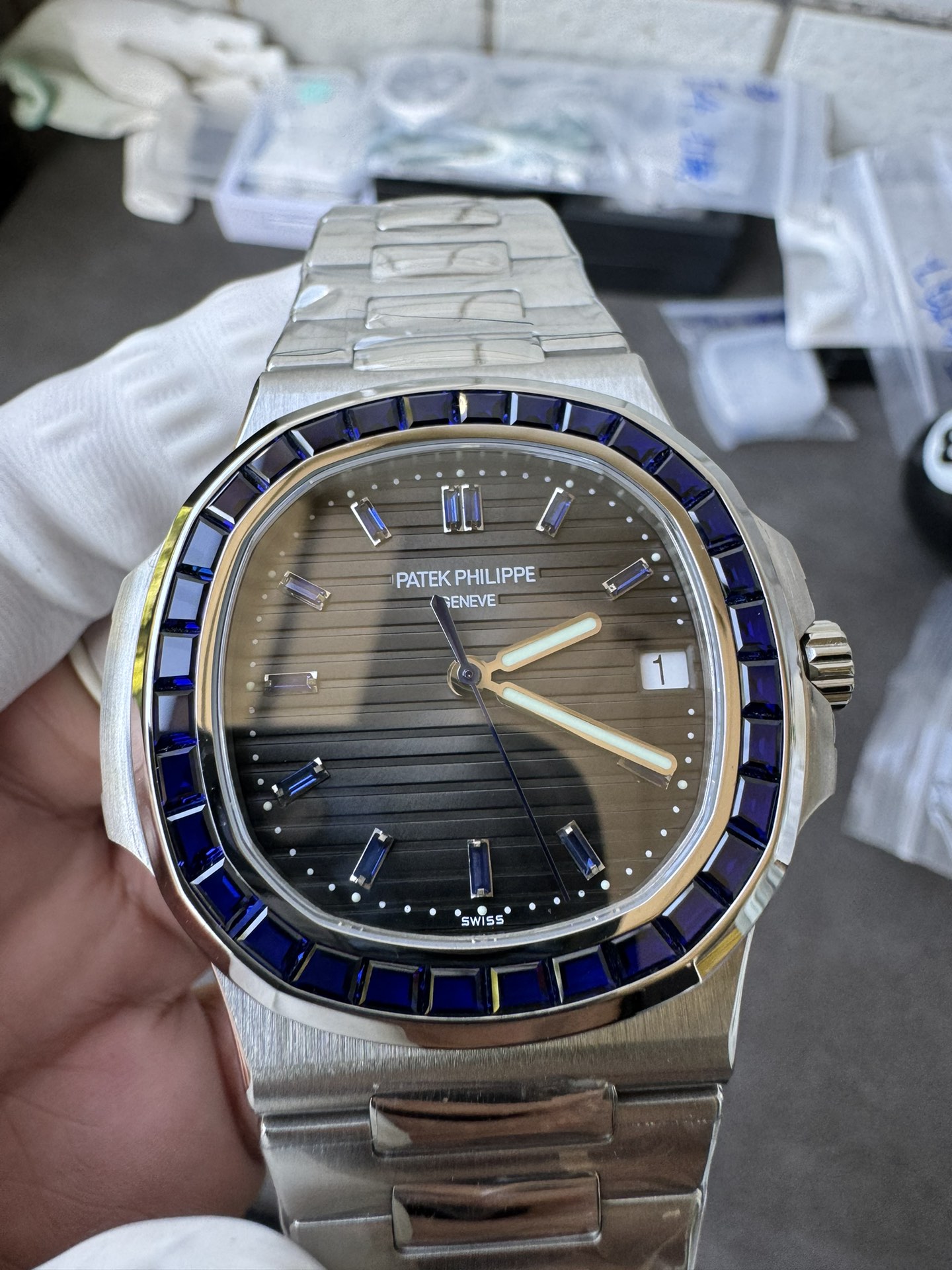 Super Clone 1:1 Patek Philippe Nautilus Date – Grey Gradient Dial / Blue Sapphire Bezel / Full Stainless Steel