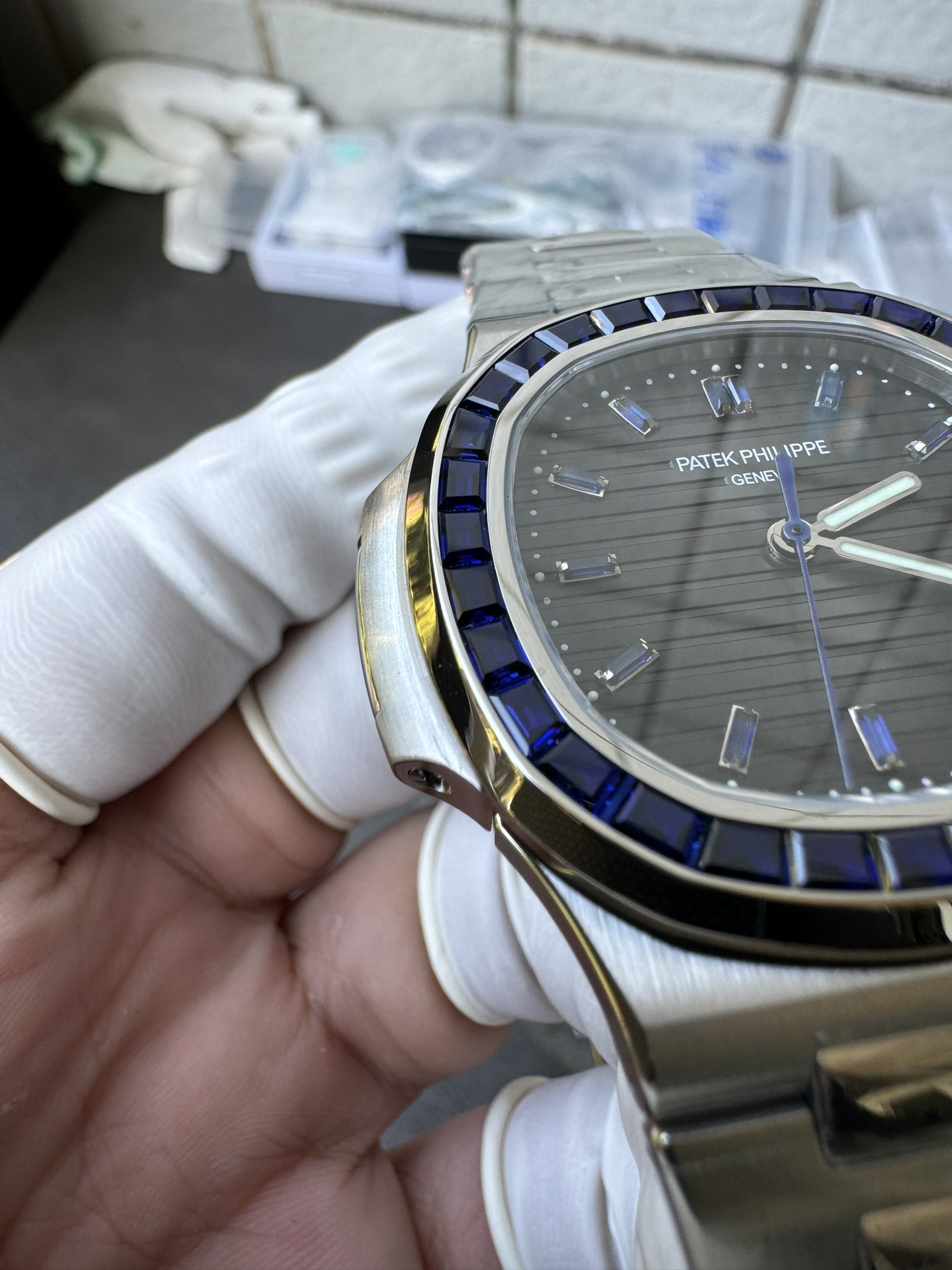 Super Clone 1:1 Patek Philippe Nautilus Date – Grey Gradient Dial / Blue Sapphire Bezel / Full Stainless Steel