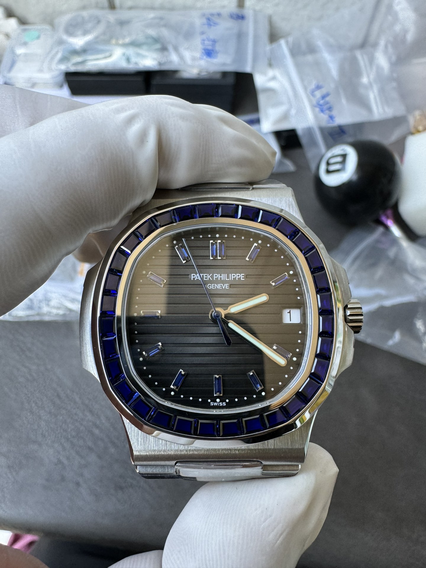 Super Clone 1:1 Patek Philippe Nautilus Date – Grey Gradient Dial / Blue Sapphire Bezel / Full Stainless Steel