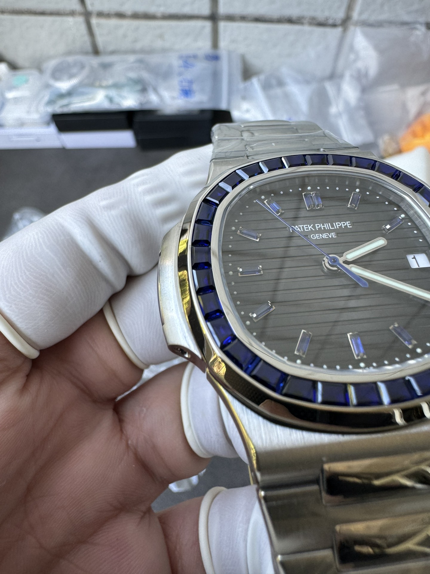 Super Clone 1:1 Patek Philippe Nautilus Date – Grey Gradient Dial / Blue Sapphire Bezel / Full Stainless Steel