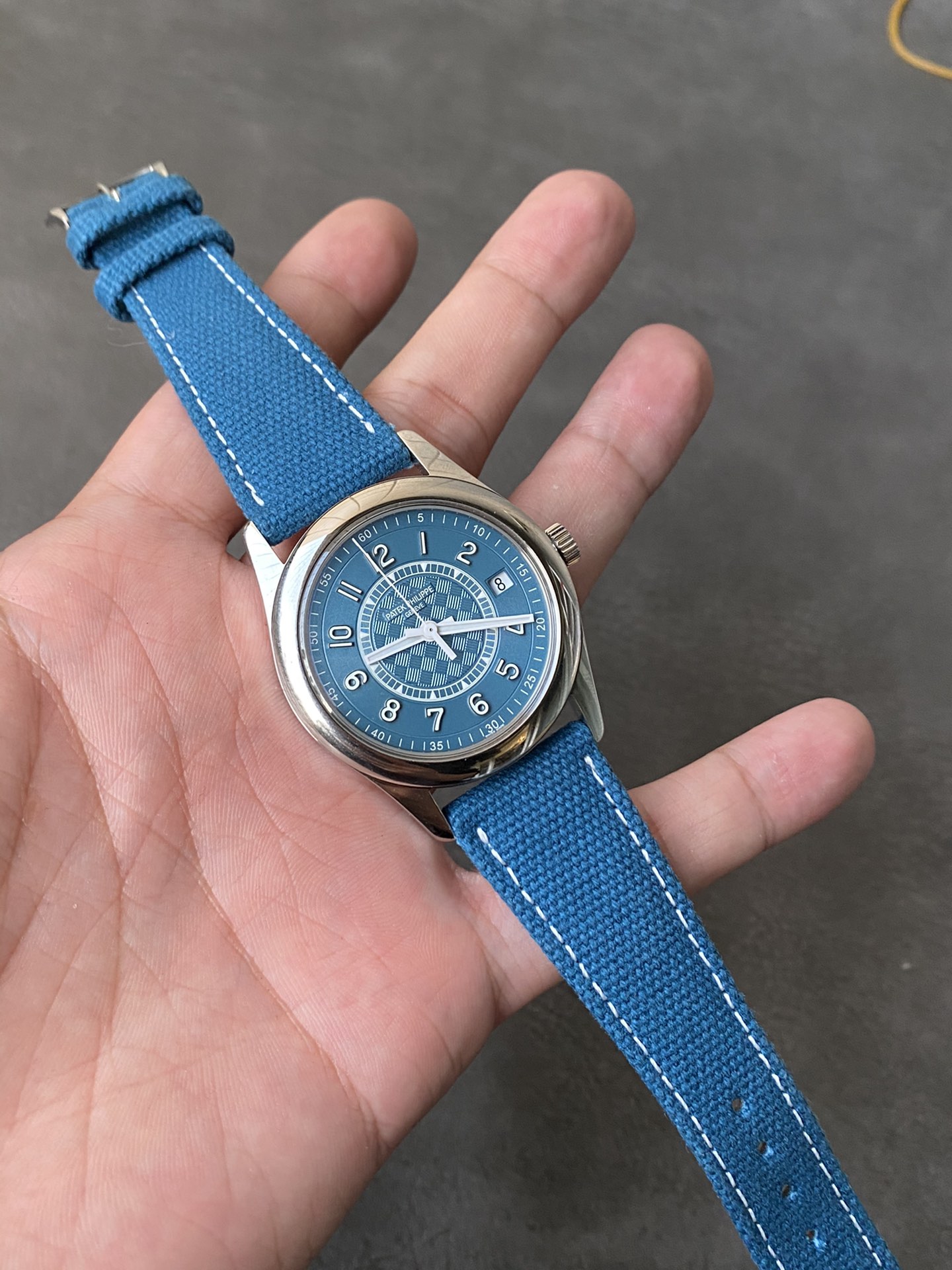 Super Clone 1:1 Patek Philippe Calatrava 6007A – Blue Dial / Textured Center / Canvas Strap