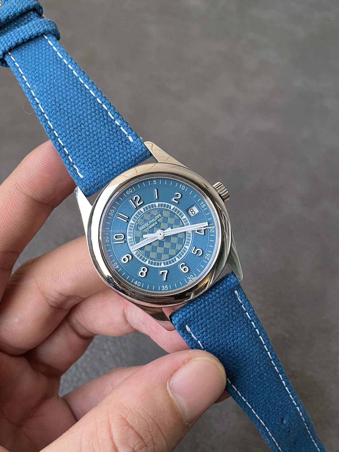 Super Clone 1:1 Patek Philippe Calatrava 6007A – Blue Dial / Textured Center / Canvas Strap