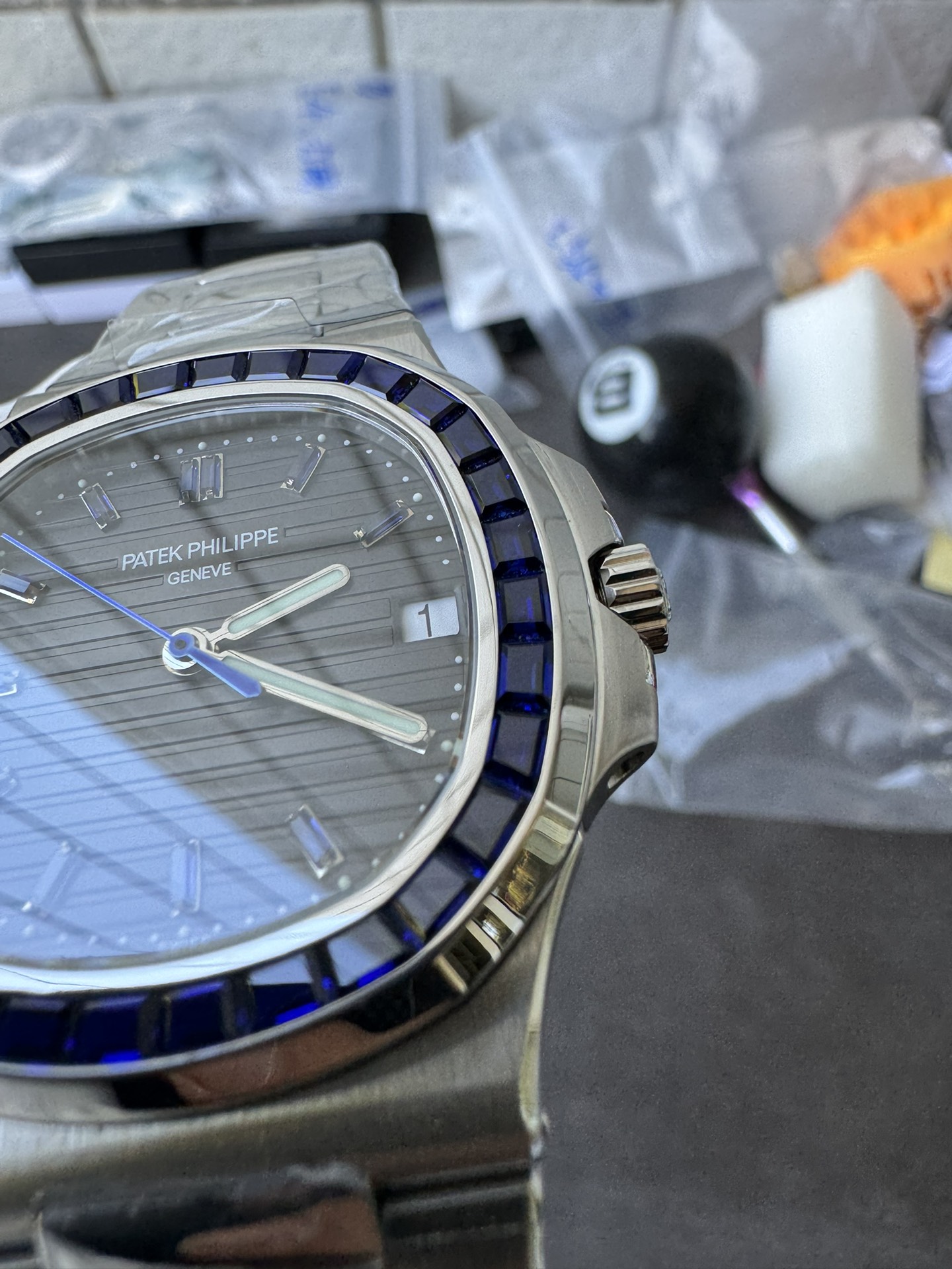 Super Clone 1:1 Patek Philippe Nautilus Date – Grey Gradient Dial / Blue Sapphire Bezel / Full Stainless Steel