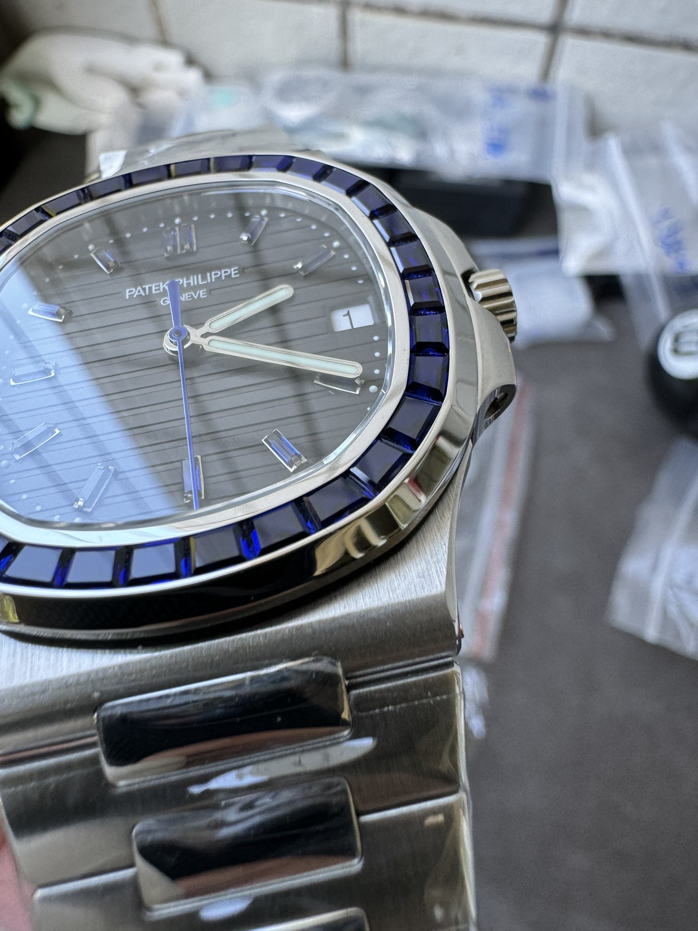 Super Clone 1:1 Patek Philippe Nautilus Date – Grey Gradient Dial / Blue Sapphire Bezel / Full Stainless Steel