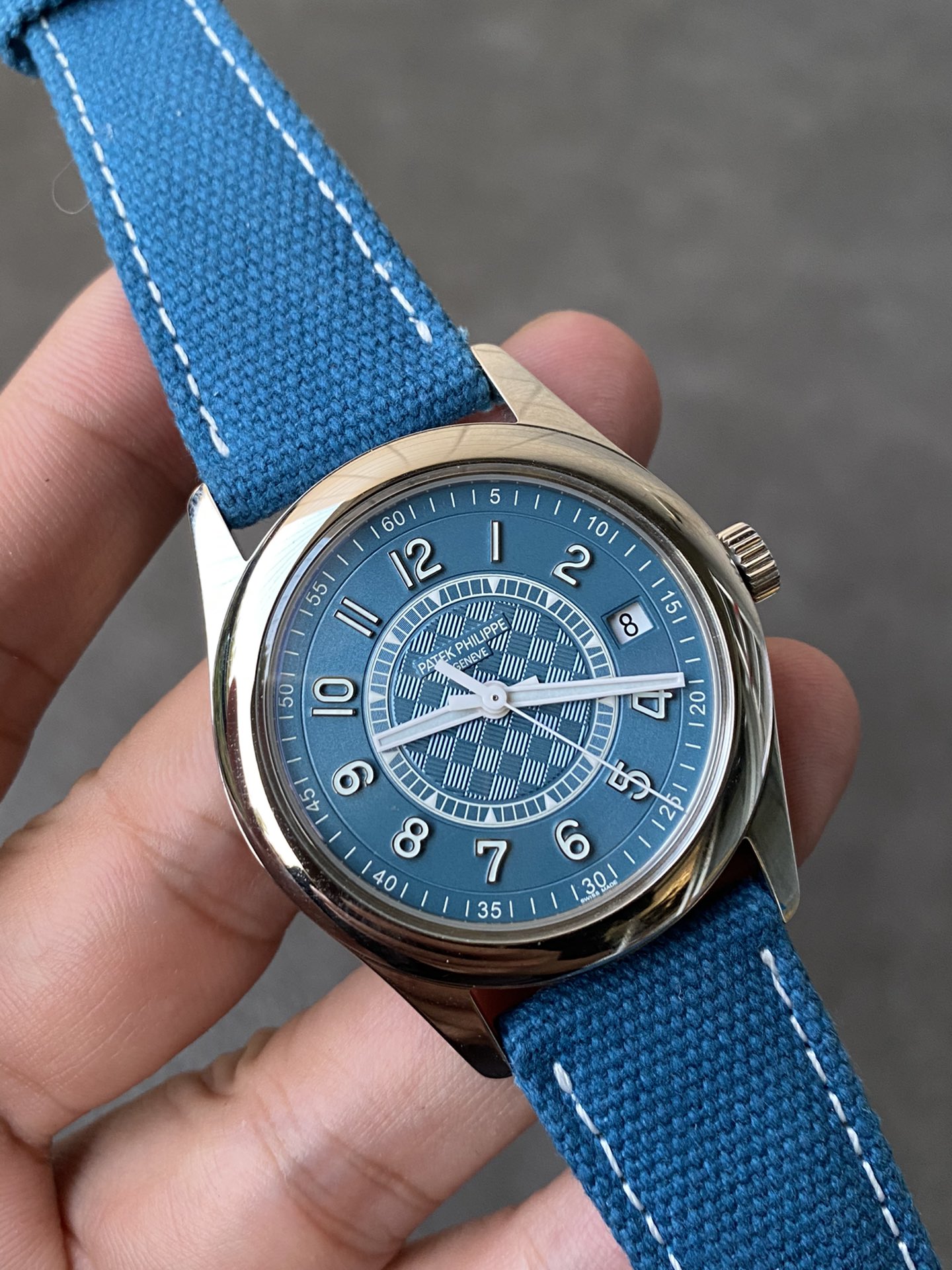 Super Clone 1:1 Patek Philippe Calatrava 6007A – Blue Dial / Textured Center / Canvas Strap