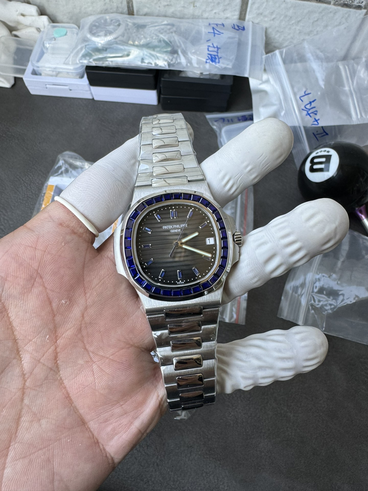 Super Clone 1:1 Patek Philippe Nautilus Date – Grey Gradient Dial / Blue Sapphire Bezel / Full Stainless Steel