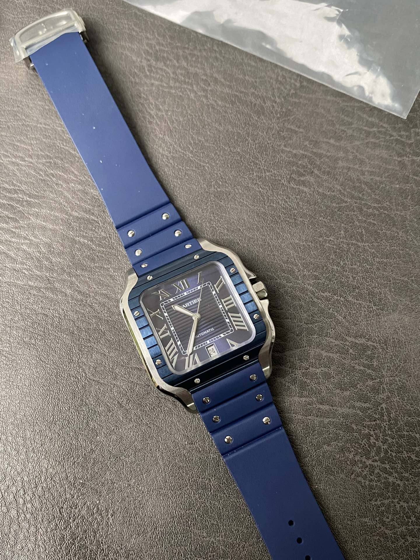 Super Clone 1:1 Cartier Santos De Cartier Blue Dial – Blue Bezel / Blue Rubber Strap