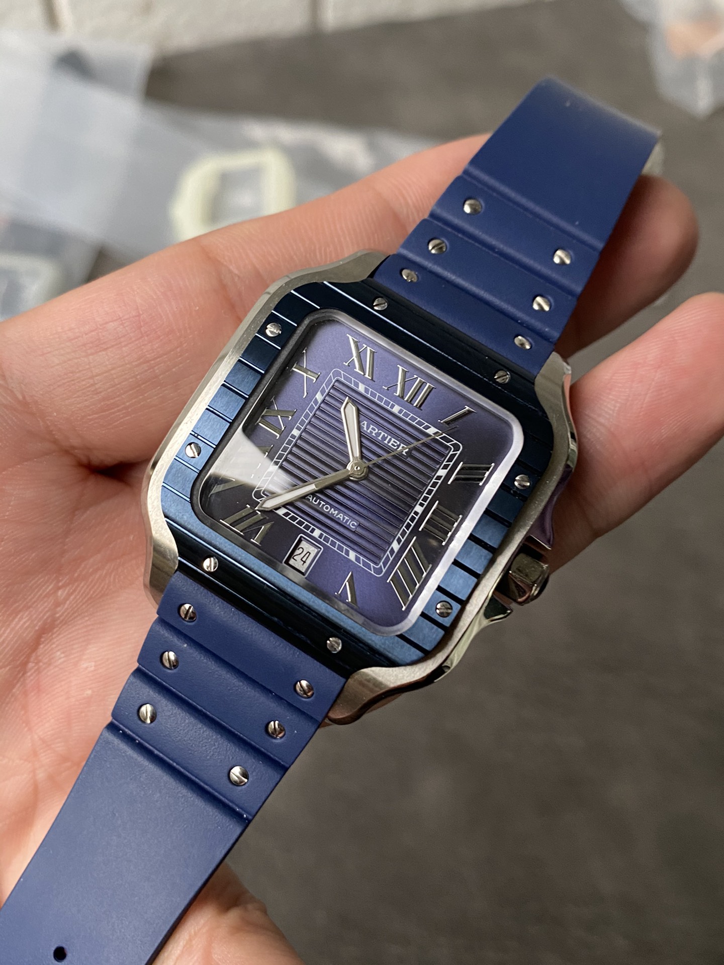 Super Clone 1:1 Cartier Santos De Cartier Blue Dial – Blue Bezel / Blue Rubber Strap