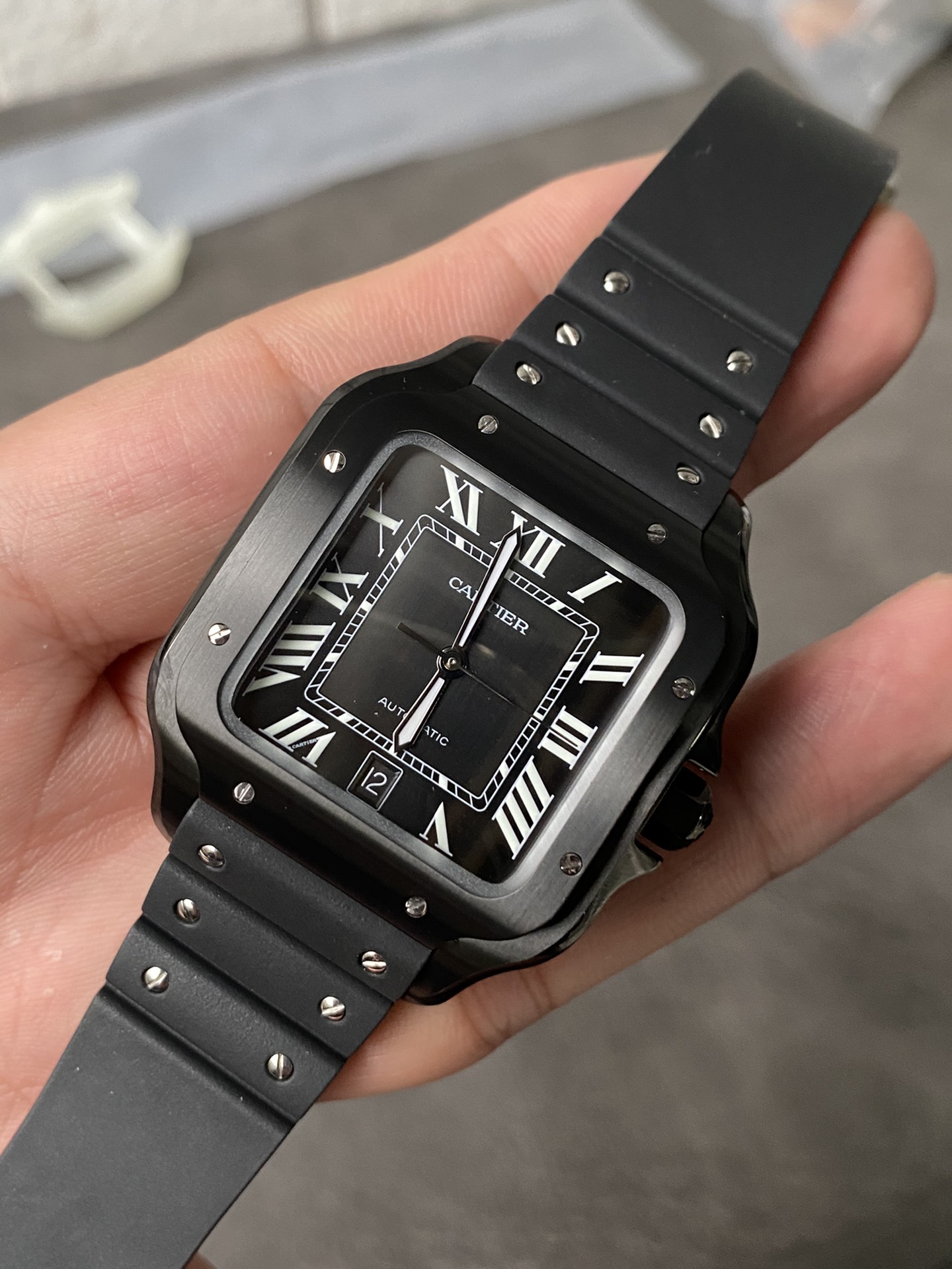 Super Clone 1:1 Cartier Santos De Cartier ADLC – Black Dial / Black Rubber Strap