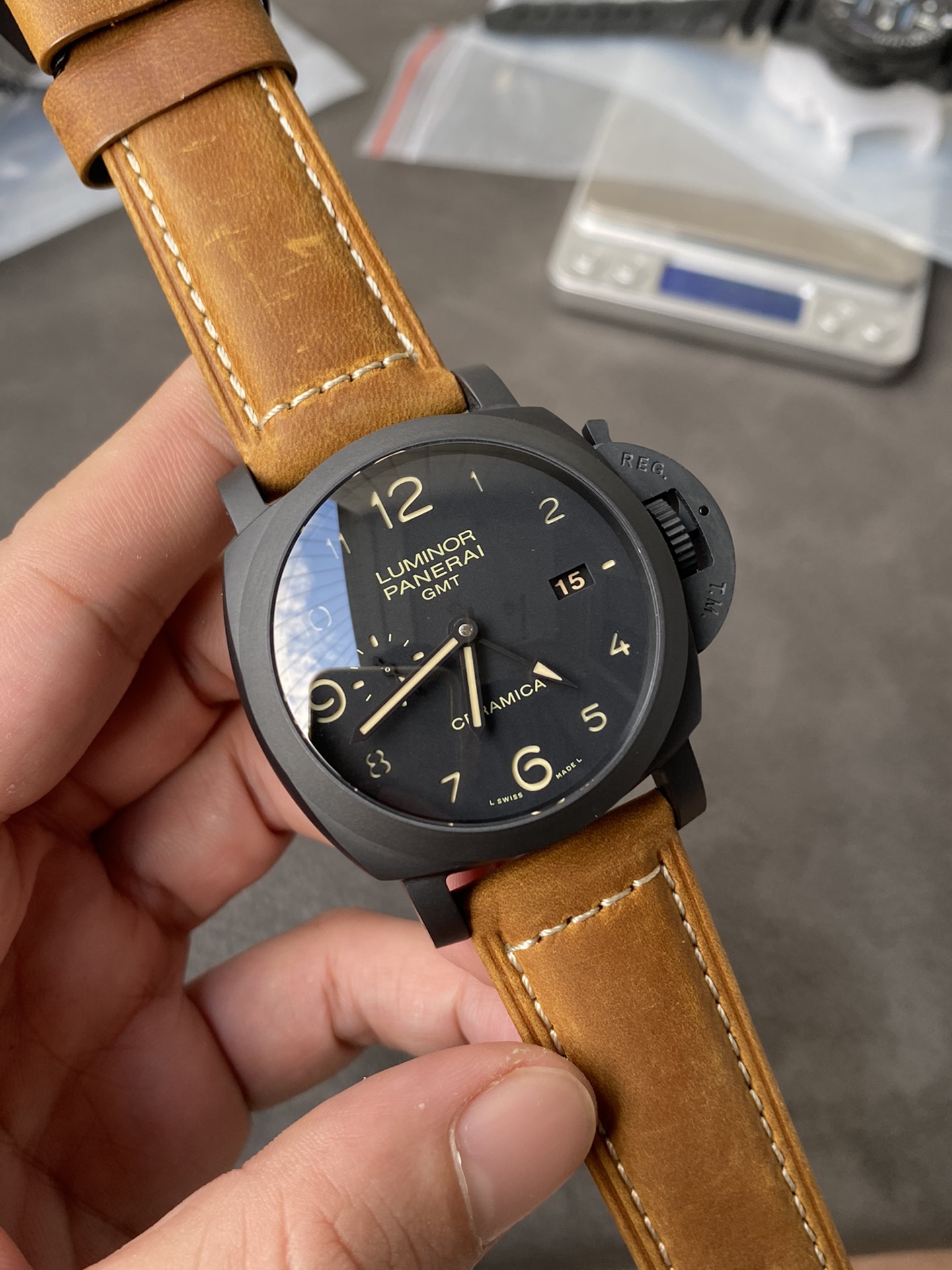 Super Clone 1:1 Panerai Luminor GMT PAM00441 – Black Ceramica Case / Tobacco Brown Leather Strap / 44mm
