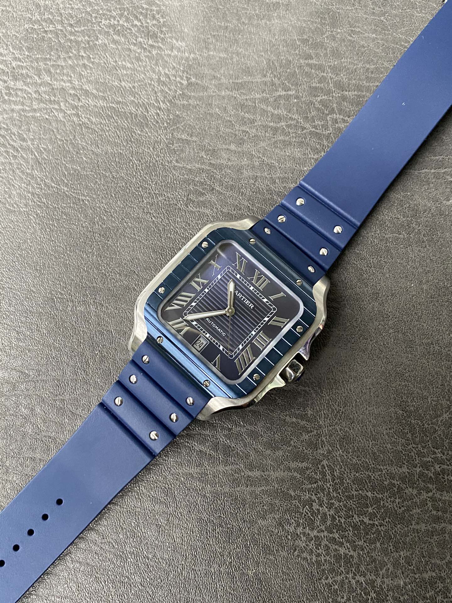 Super Clone 1:1 Cartier Santos De Cartier Blue Dial – Blue Bezel / Blue Rubber Strap