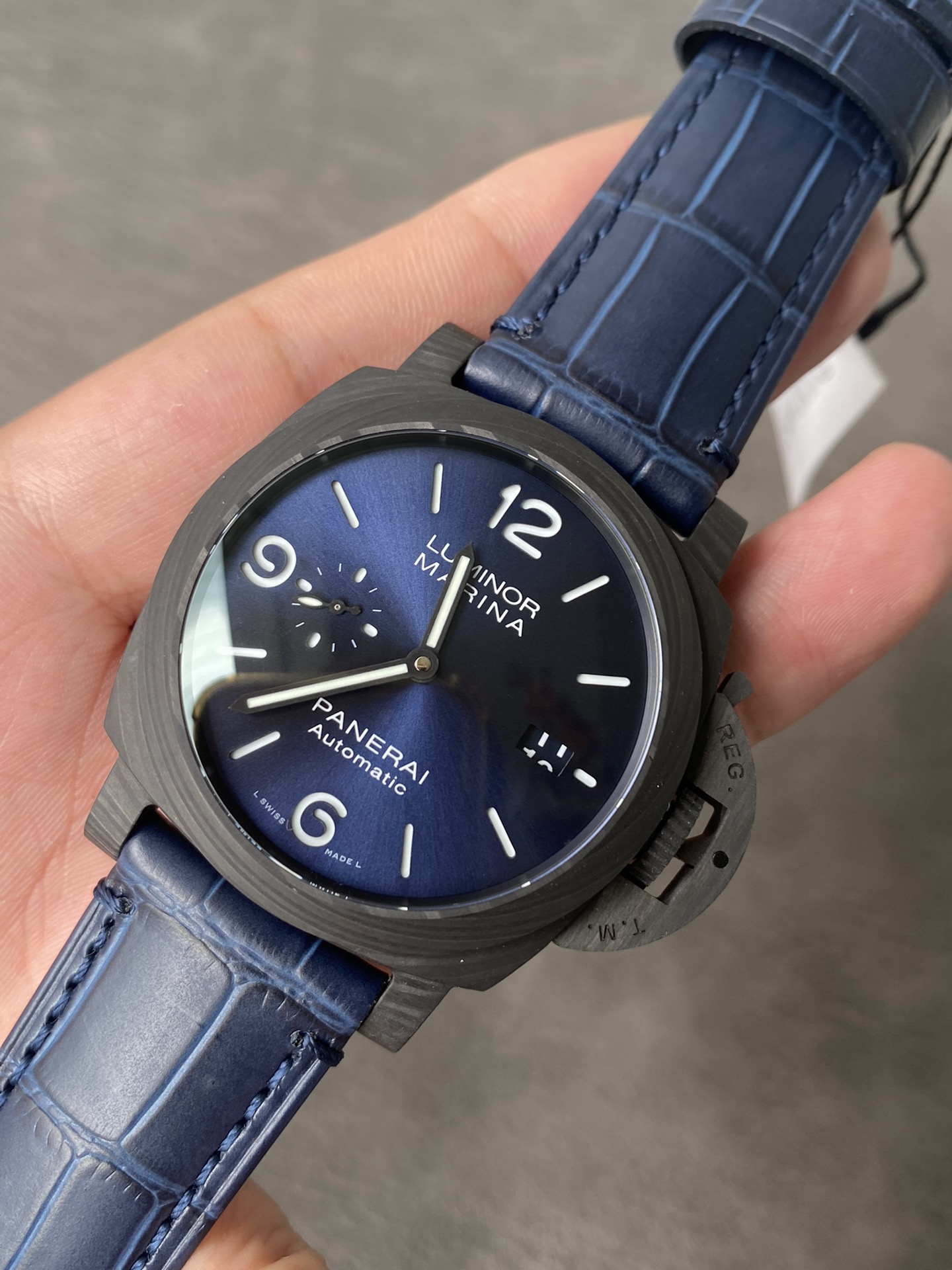 Super Clone 1:1 Panerai Luminor Marina PAM01664 – Carbotech / Blue Dial / Blue Leather Strap