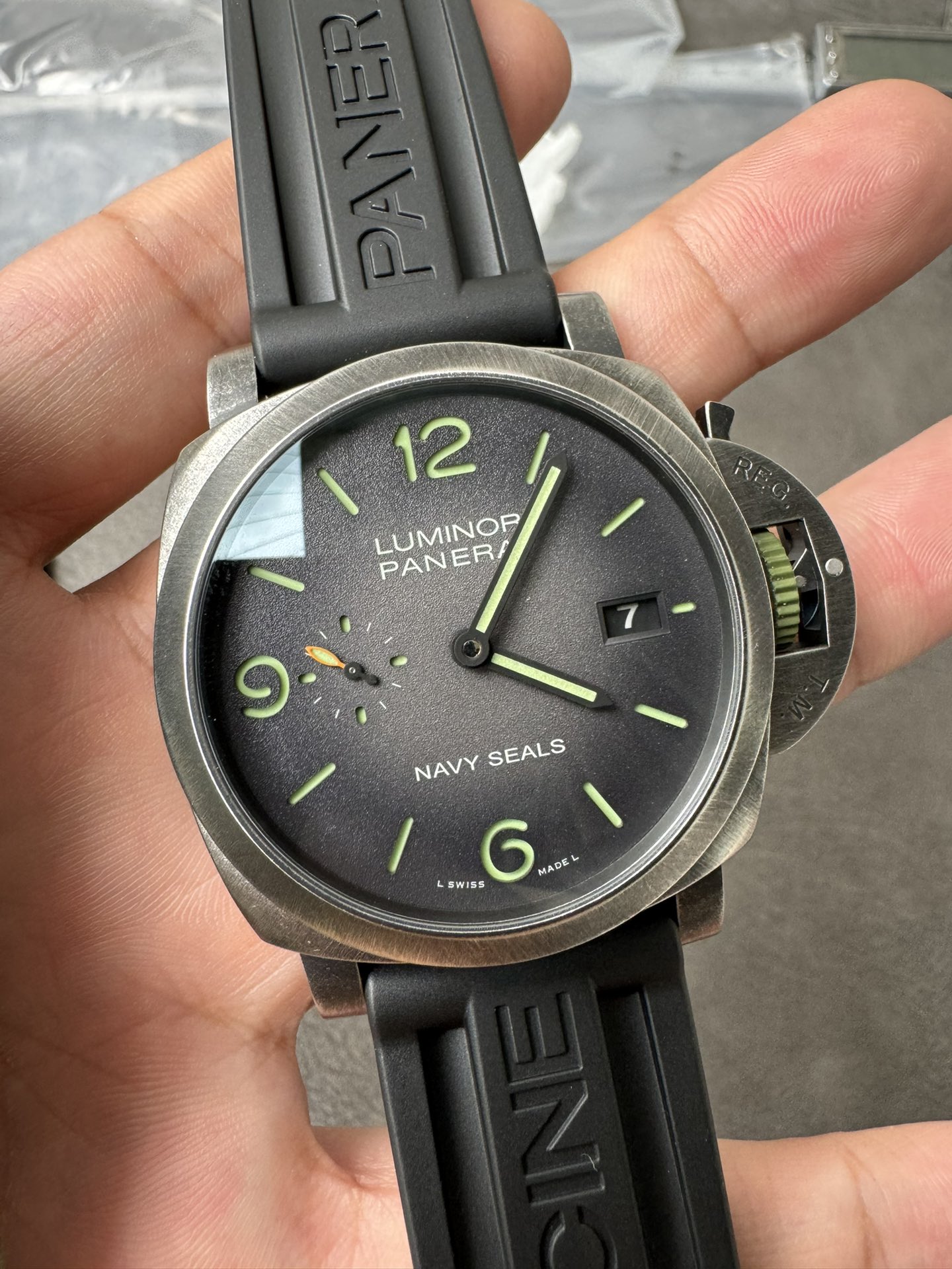 Super Clone 1:1 Panerai Luminor Marina PAM1412 – Navy SEALs Edition / 44mm / Sandblasted Case / Black Rubber Strap + Extra Strap