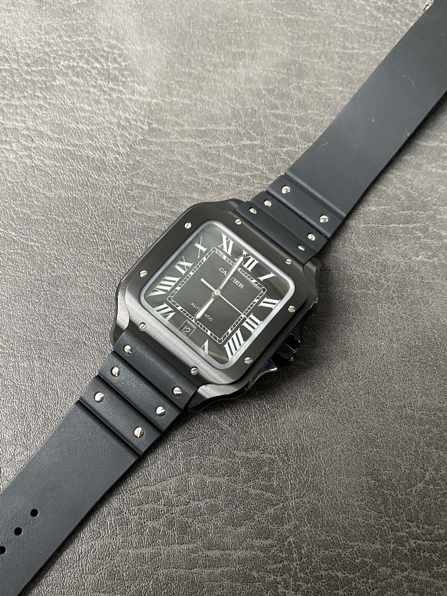 Super Clone 1:1 Cartier Santos De Cartier ADLC – Black Dial / Black Rubber Strap
