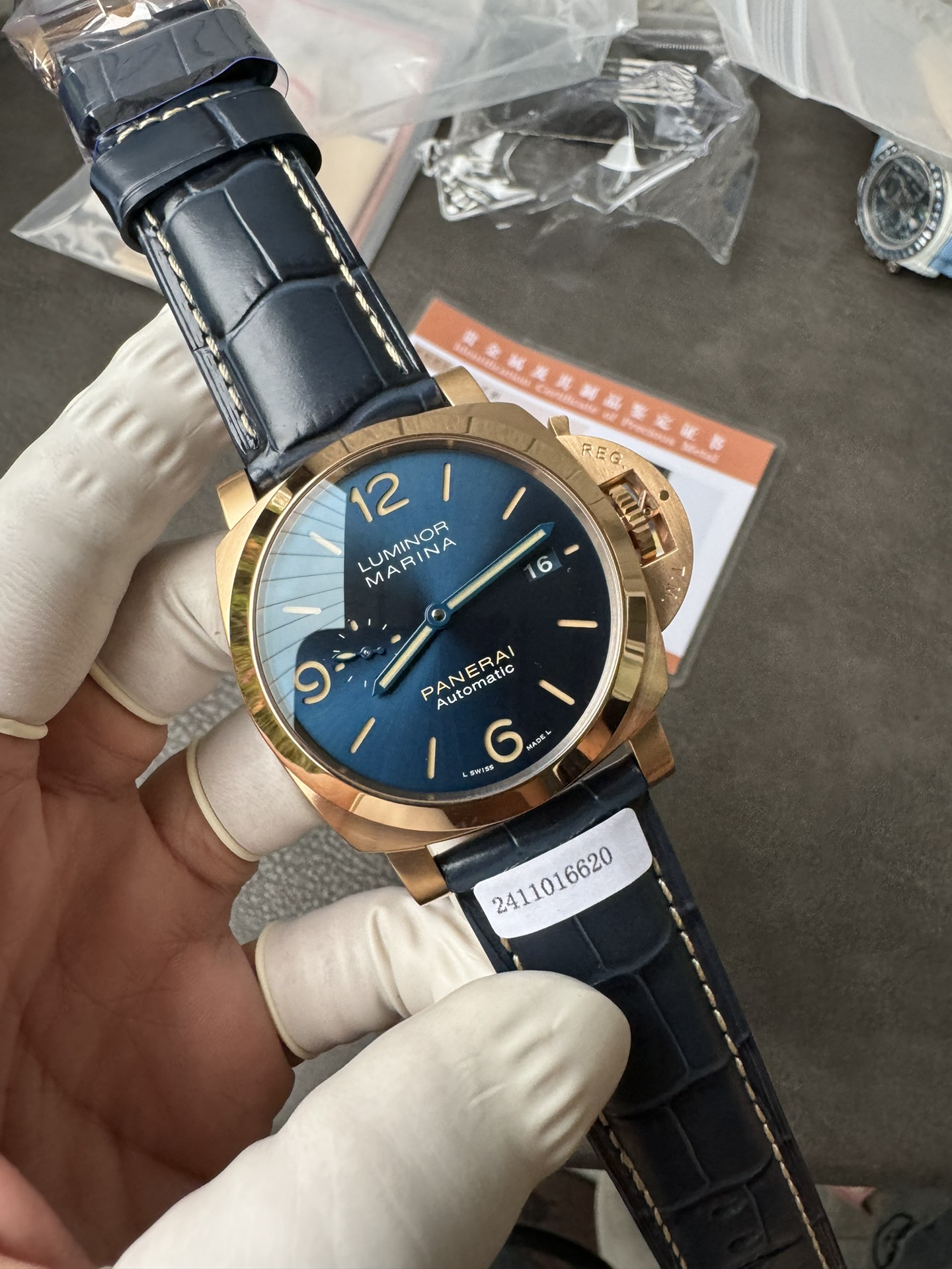 Super Clone 1:1 Panerai Luminor Marina PAM01114 – Blue Dial / Bronze Case / Navy Blue Leather Strap / 44mm