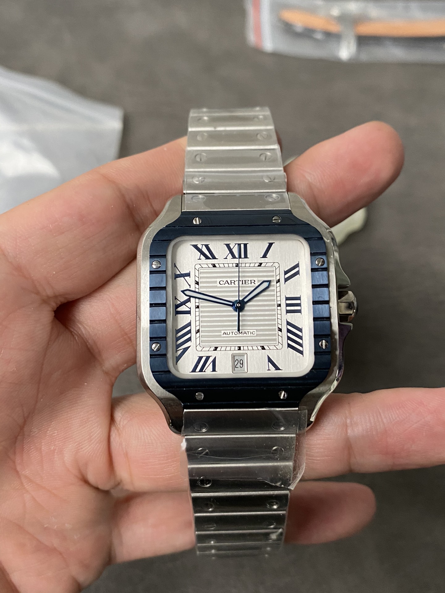Super Clone 1:1 Cartier Santos De Cartier Blue Bezel / White Dial / Steel Bracelet