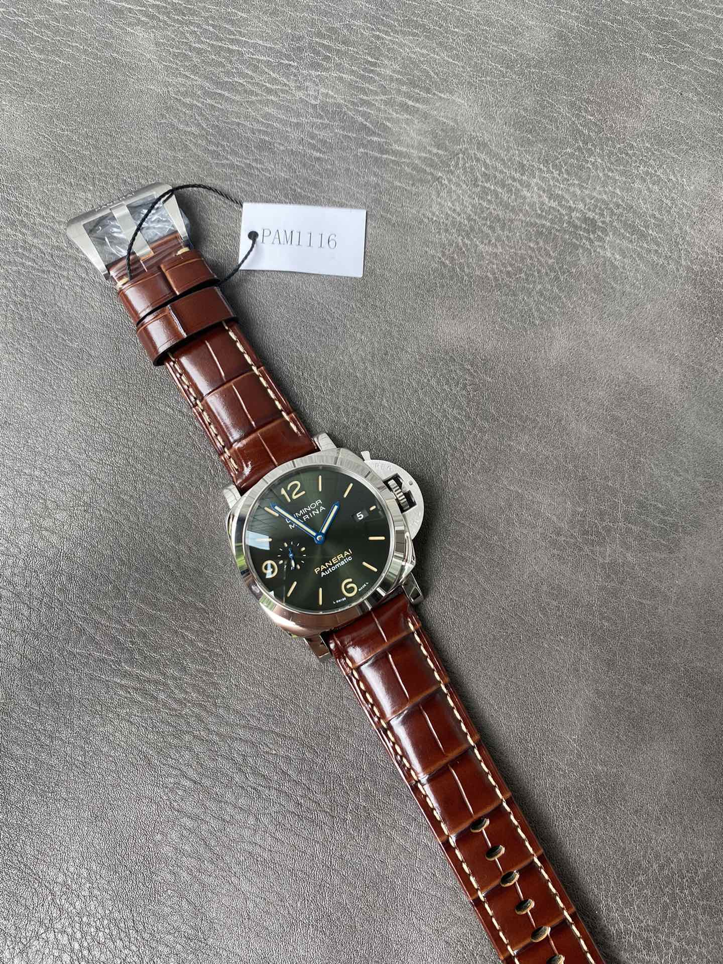 Super Clone 1:1 Panerai Luminor Marina PAM01116 – Green Dial / Polished Steel / Blue Hands / Brown Crocodile Leather Strap / 44mm