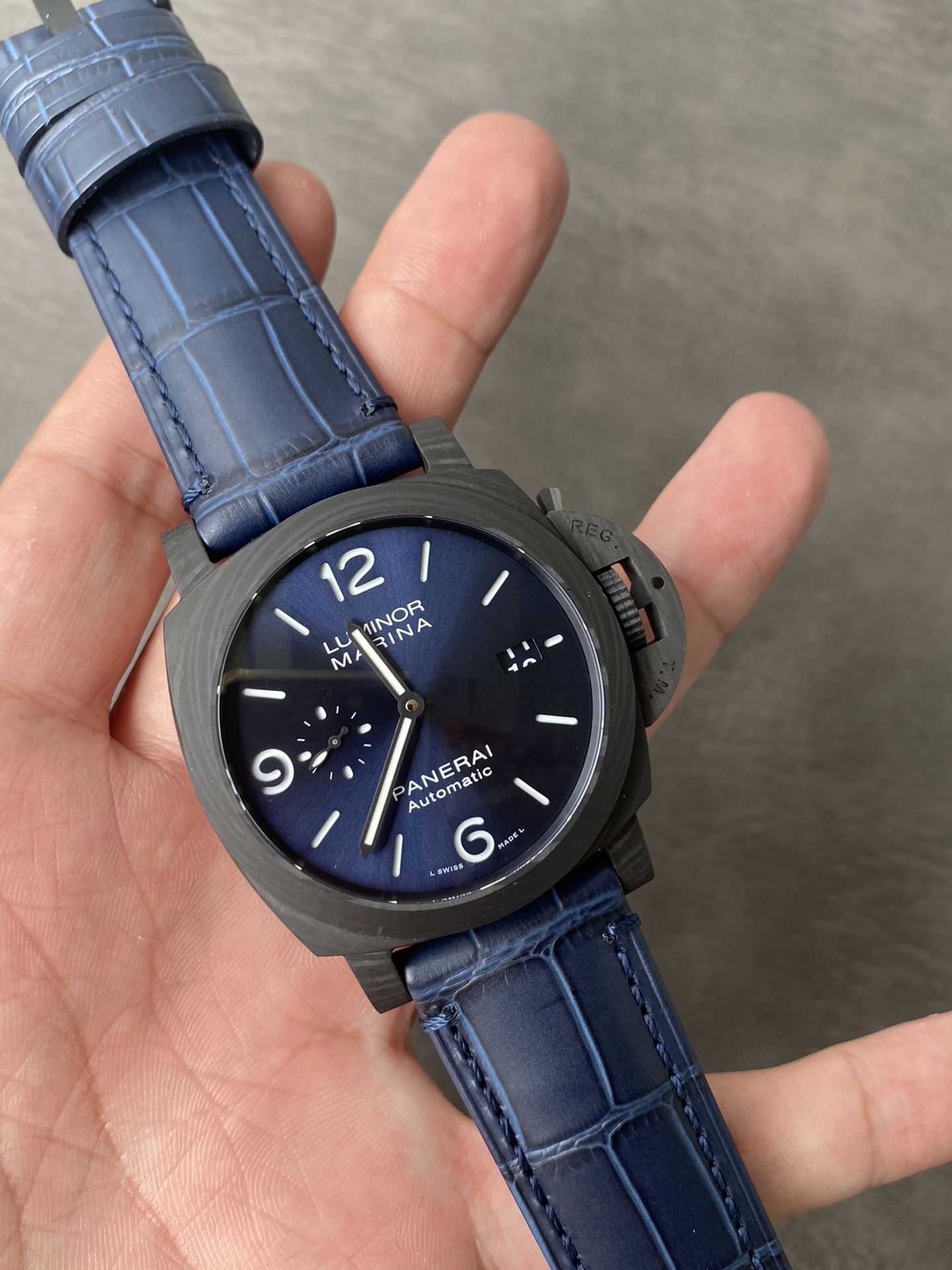 Super Clone 1:1 Panerai Luminor Marina PAM01664 – Carbotech / Blue Dial / Blue Leather Strap