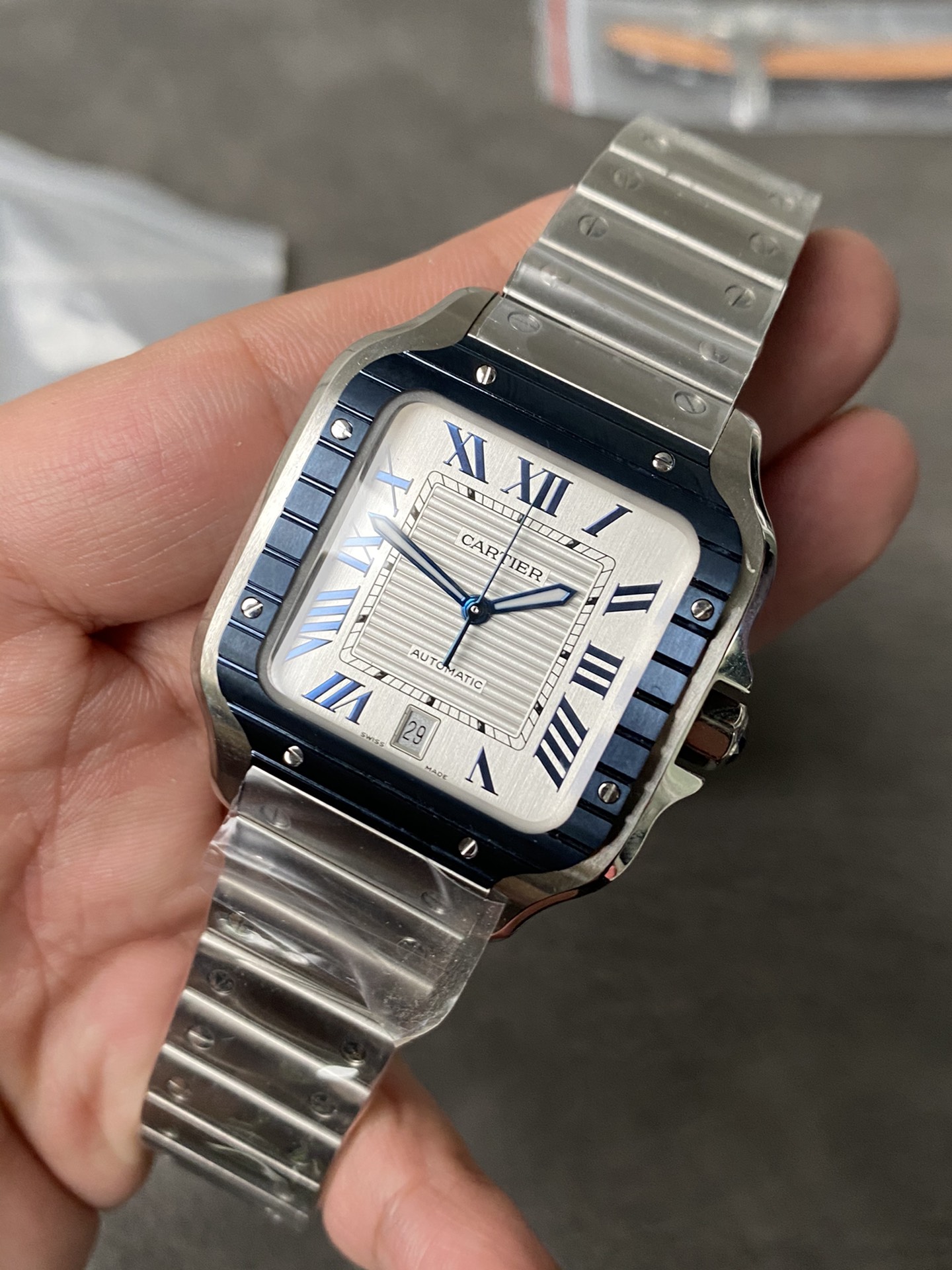 Super Clone 1:1 Cartier Santos De Cartier Blue Bezel / White Dial / Steel Bracelet
