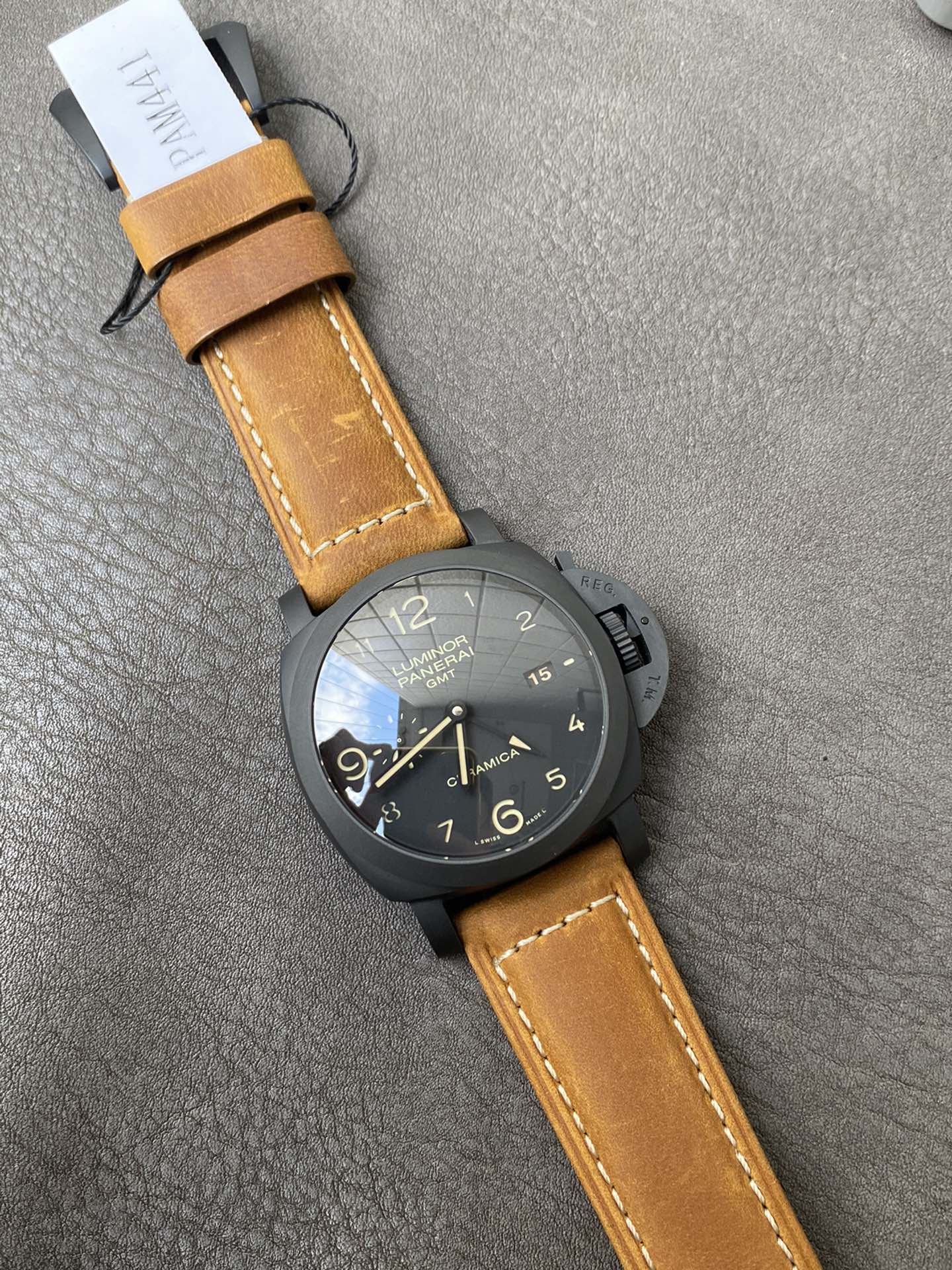 Super Clone 1:1 Panerai Luminor GMT PAM00441 – Black Ceramica Case / Tobacco Brown Leather Strap / 44mm