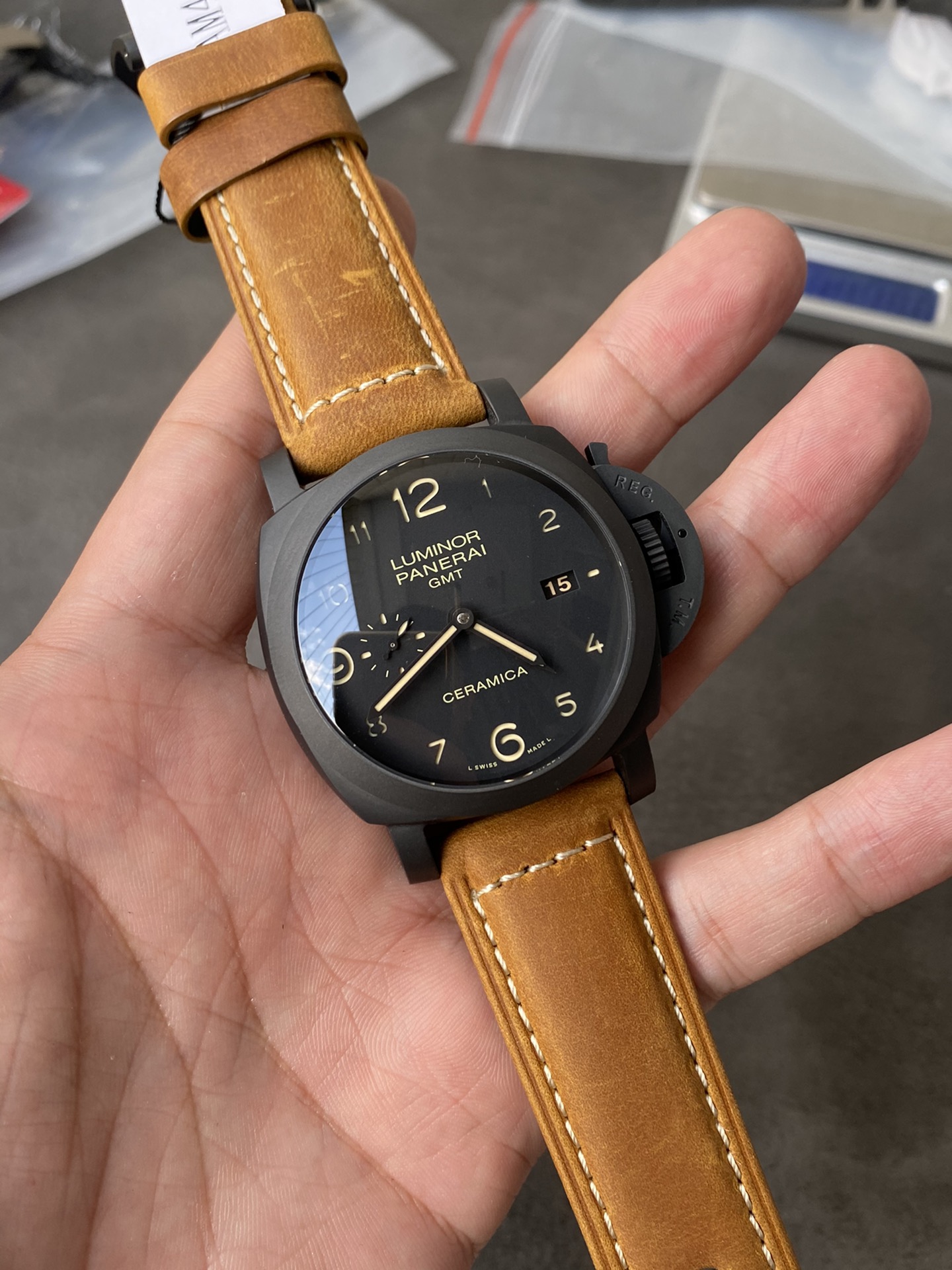 Super Clone 1:1 Panerai Luminor GMT PAM00441 – Black Ceramica Case / Tobacco Brown Leather Strap / 44mm