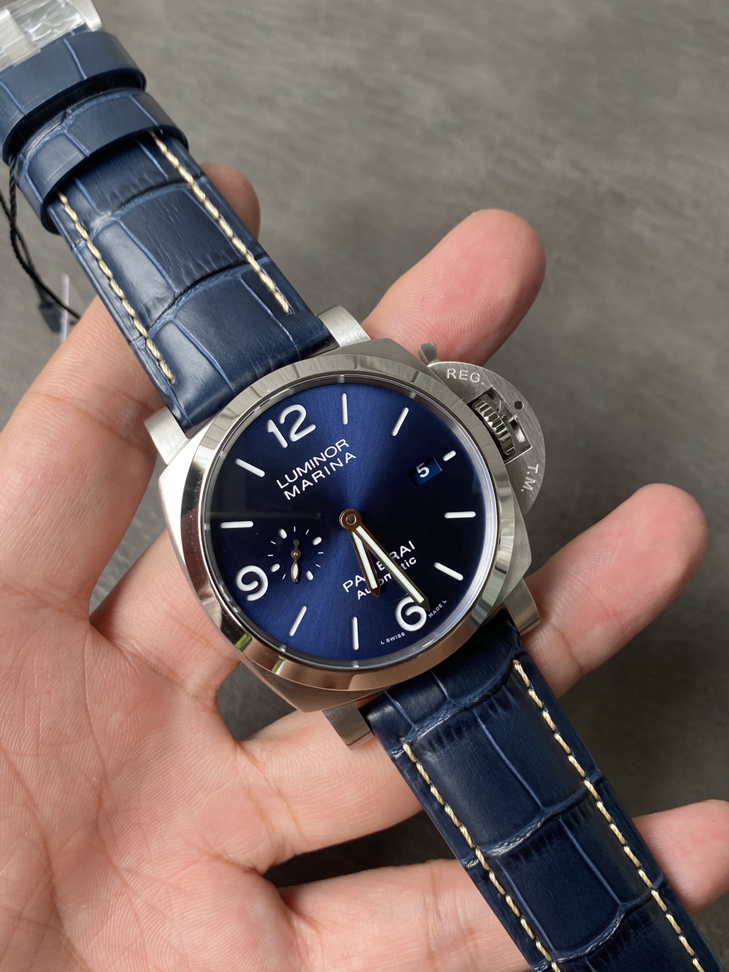 Super Clone 1:1 Panerai Luminor Marina PAM01313 – Blue Sunburst Dial / Stainless Steel Case / Blue Crocodile Leather Strap / 44mm