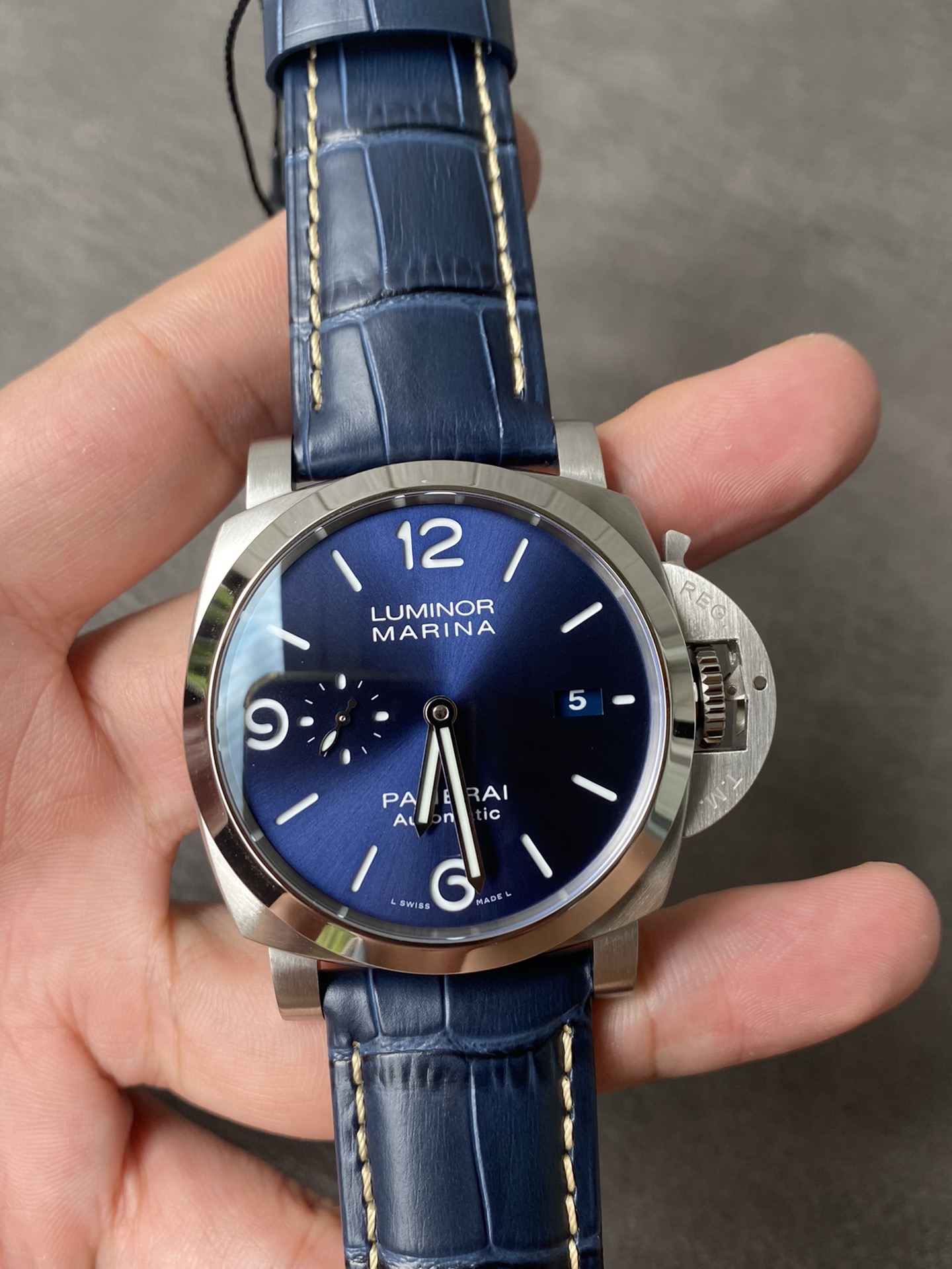 Super Clone 1:1 Panerai Luminor Marina PAM01313 – Blue Sunburst Dial / Stainless Steel Case / Blue Crocodile Leather Strap / 44mm