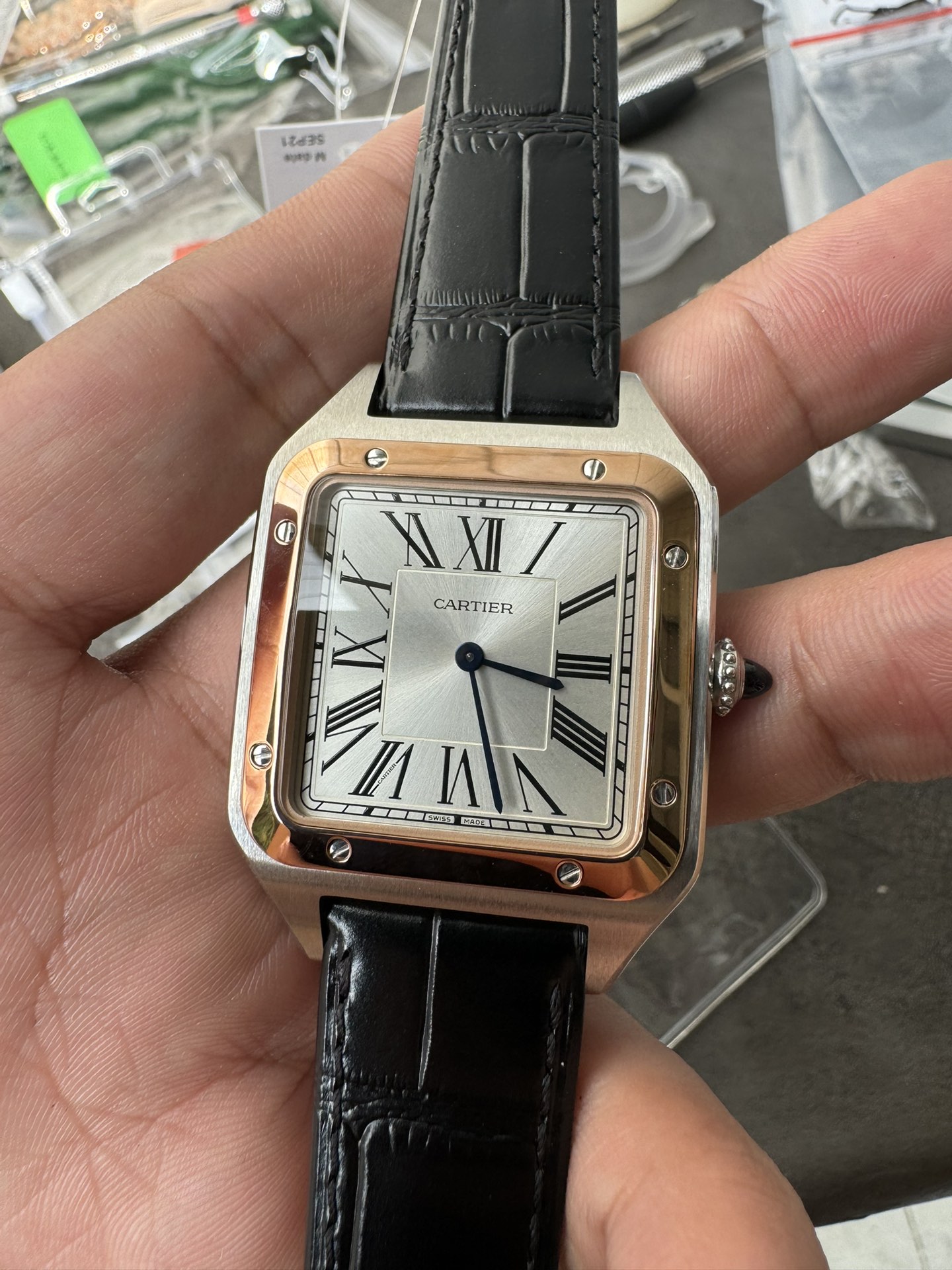 Super Clone 1:1 Cartier Santos-Dumont / Silver Sunburst Dial / Black Roman Numerals / Leather Strap