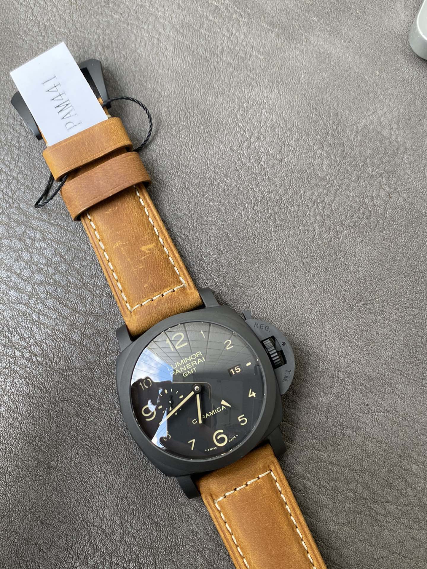 Super Clone 1:1 Panerai Luminor GMT PAM00441 – Black Ceramica Case / Tobacco Brown Leather Strap / 44mm