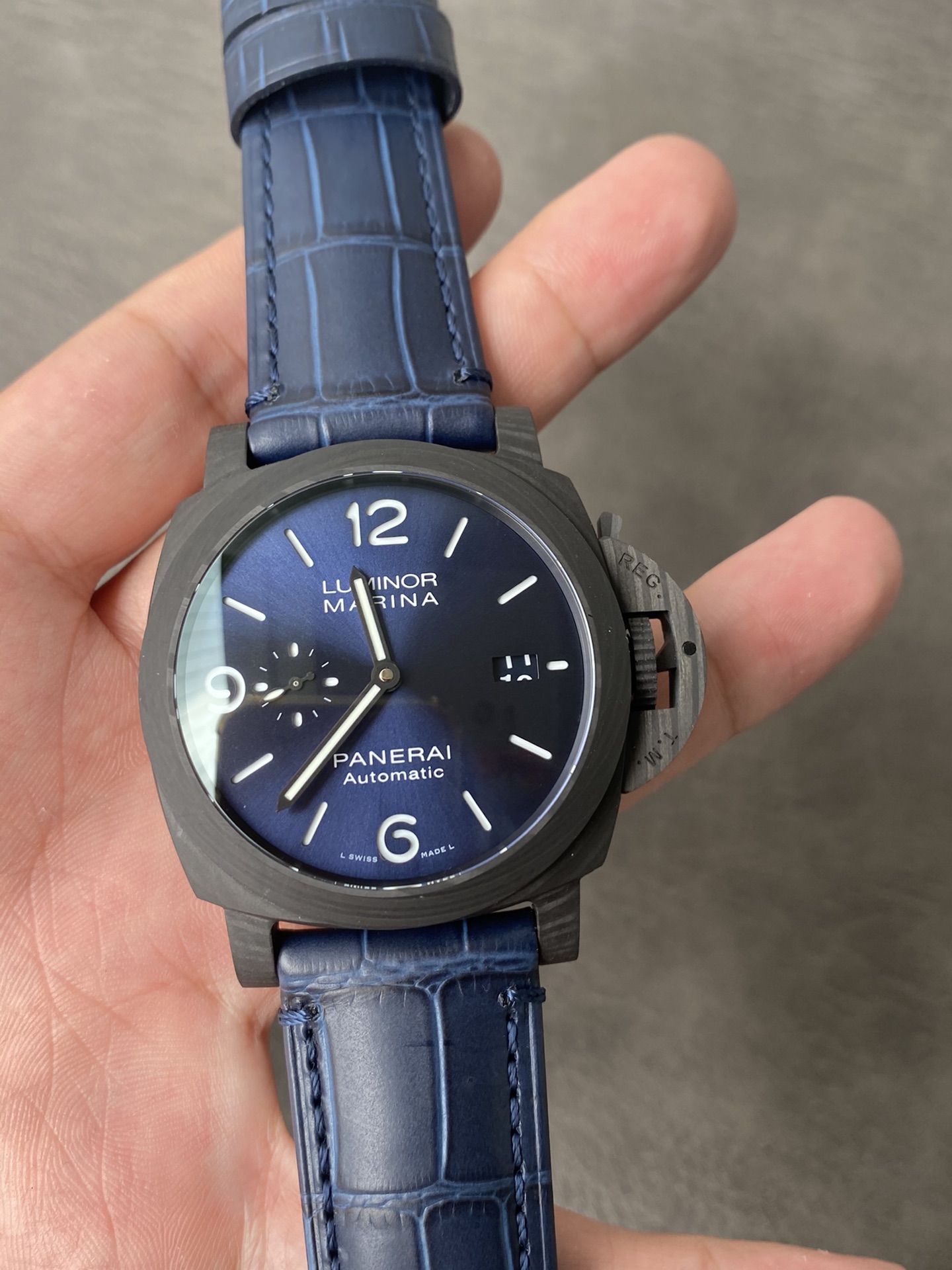 Super Clone 1:1 Panerai Luminor Marina PAM01664 – Carbotech / Blue Dial / Blue Leather Strap