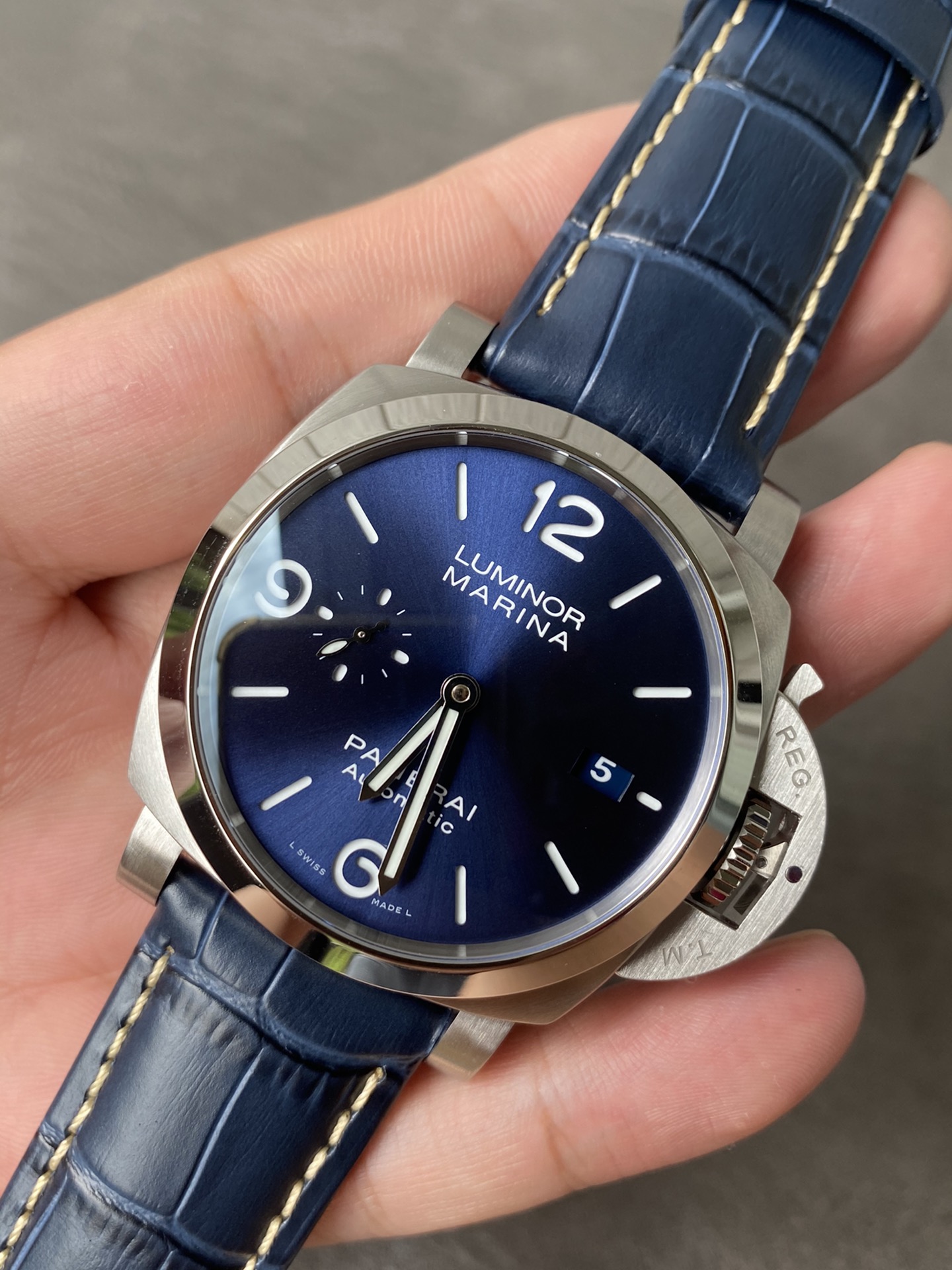 Super Clone 1:1 Panerai Luminor Marina PAM01313 – Blue Sunburst Dial / Stainless Steel Case / Blue Crocodile Leather Strap / 44mm