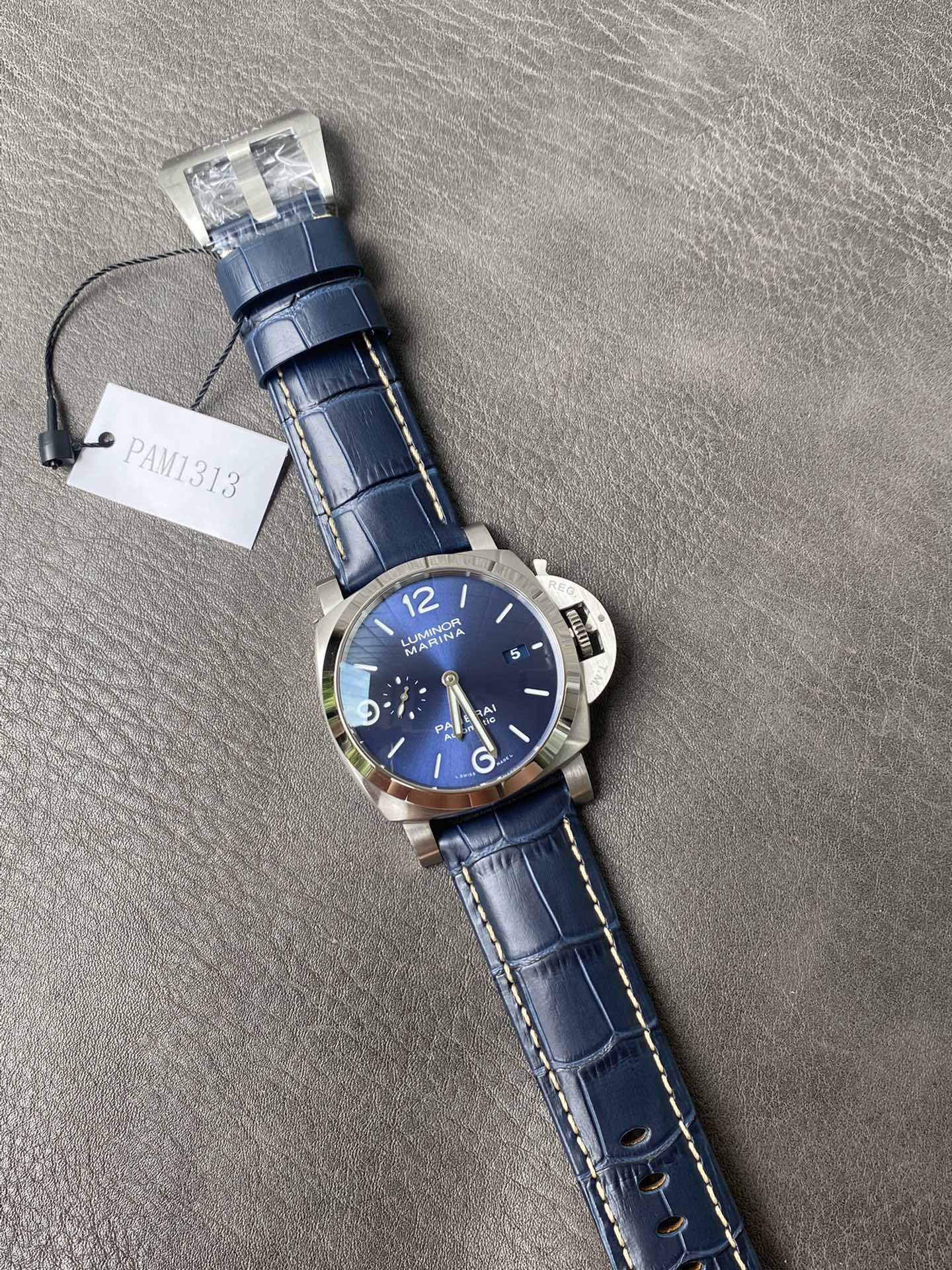Super Clone 1:1 Panerai Luminor Marina PAM01313 – Blue Sunburst Dial / Stainless Steel Case / Blue Crocodile Leather Strap / 44mm