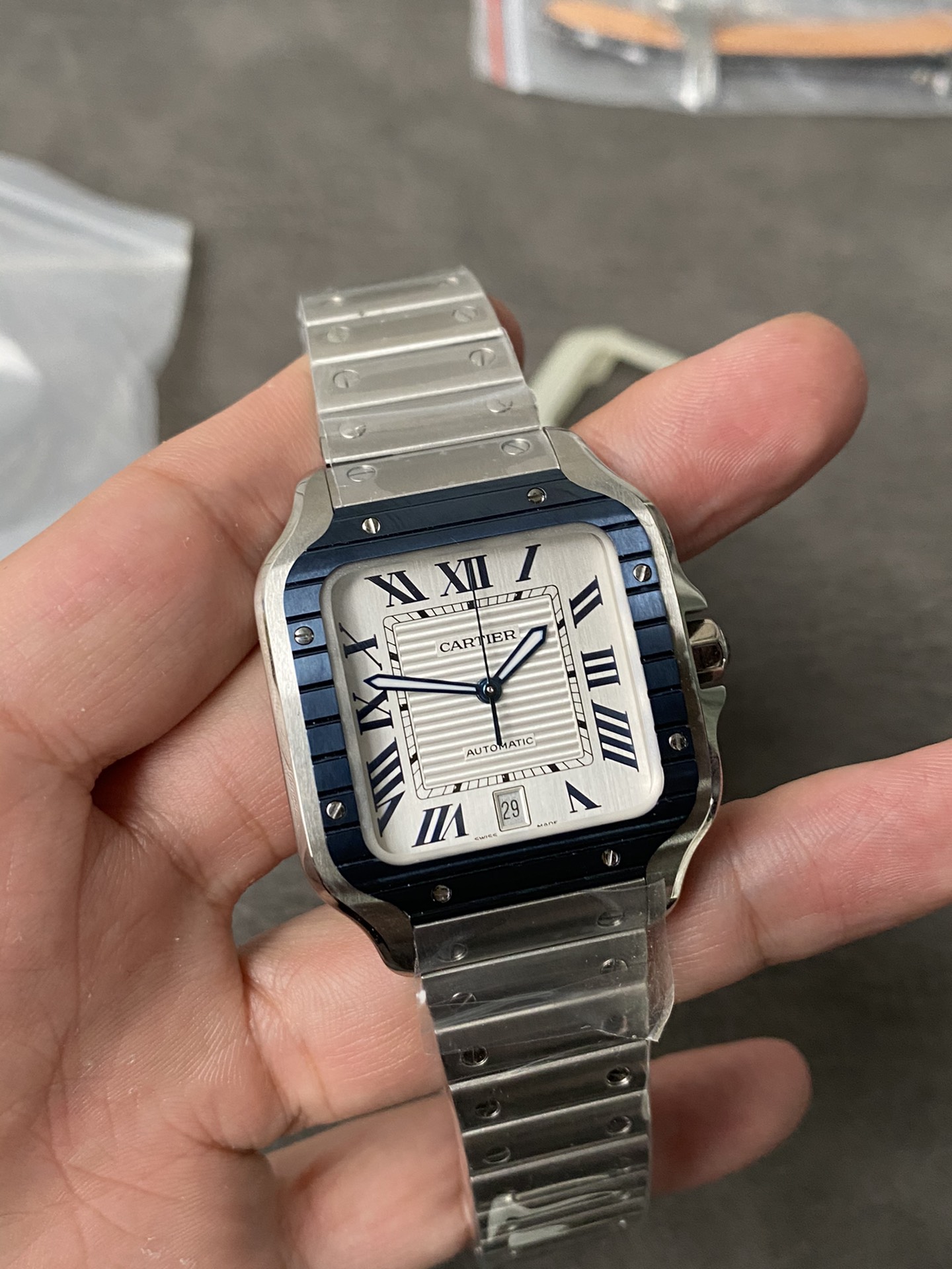 Super Clone 1:1 Cartier Santos De Cartier Blue Bezel / White Dial / Steel Bracelet