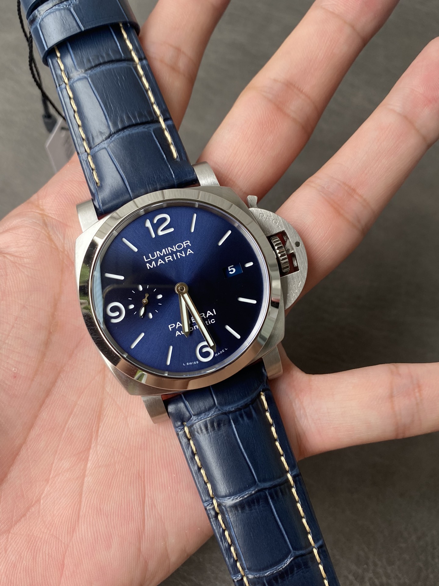 Super Clone 1:1 Panerai Luminor Marina PAM01313 – Blue Sunburst Dial / Stainless Steel Case / Blue Crocodile Leather Strap / 44mm
