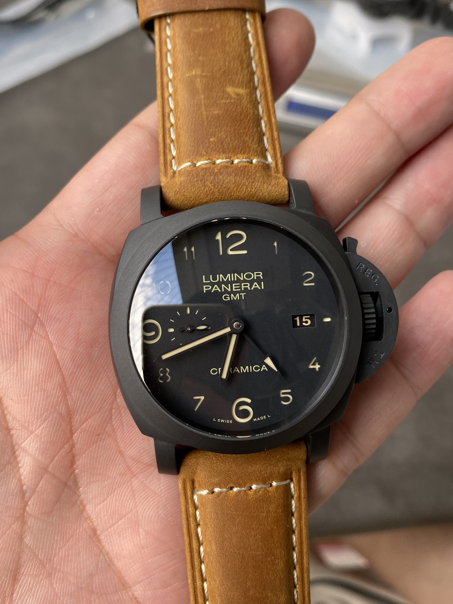 Super Clone 1:1 Panerai Luminor GMT PAM00441 – Black Ceramica Case / Tobacco Brown Leather Strap / 44mm