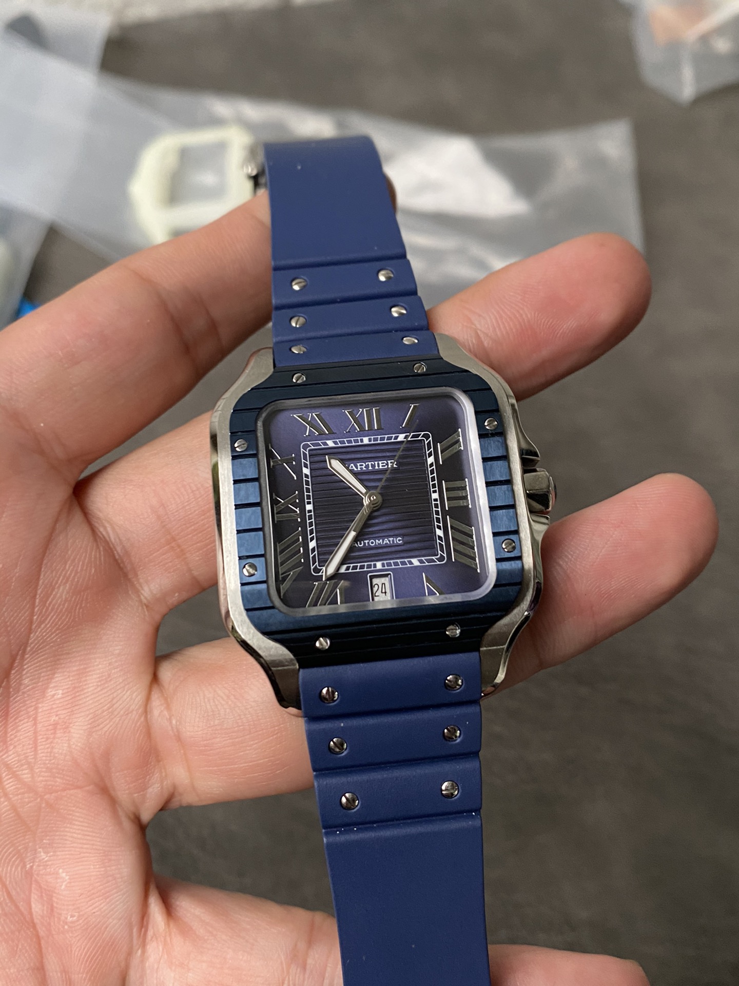 Super Clone 1:1 Cartier Santos De Cartier Blue Dial – Blue Bezel / Blue Rubber Strap