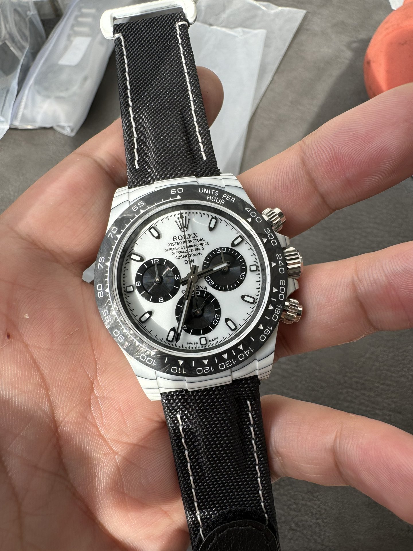 Super Clone Rolex 1:1 Daytona 116500LN – Panda Dial Fabric Strap Carbon fibre case 4130 Movement