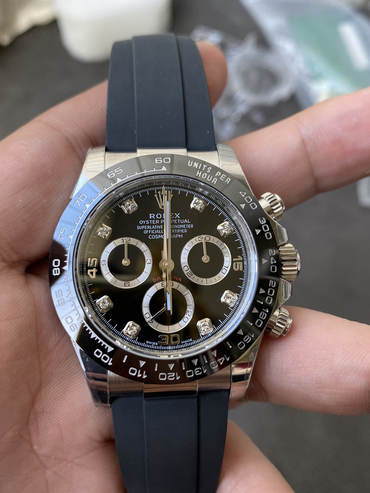 Super Clone Rolex 1:1 Daytona m116519LN Black Diamond Dial Rubber Strap 4130 Movement